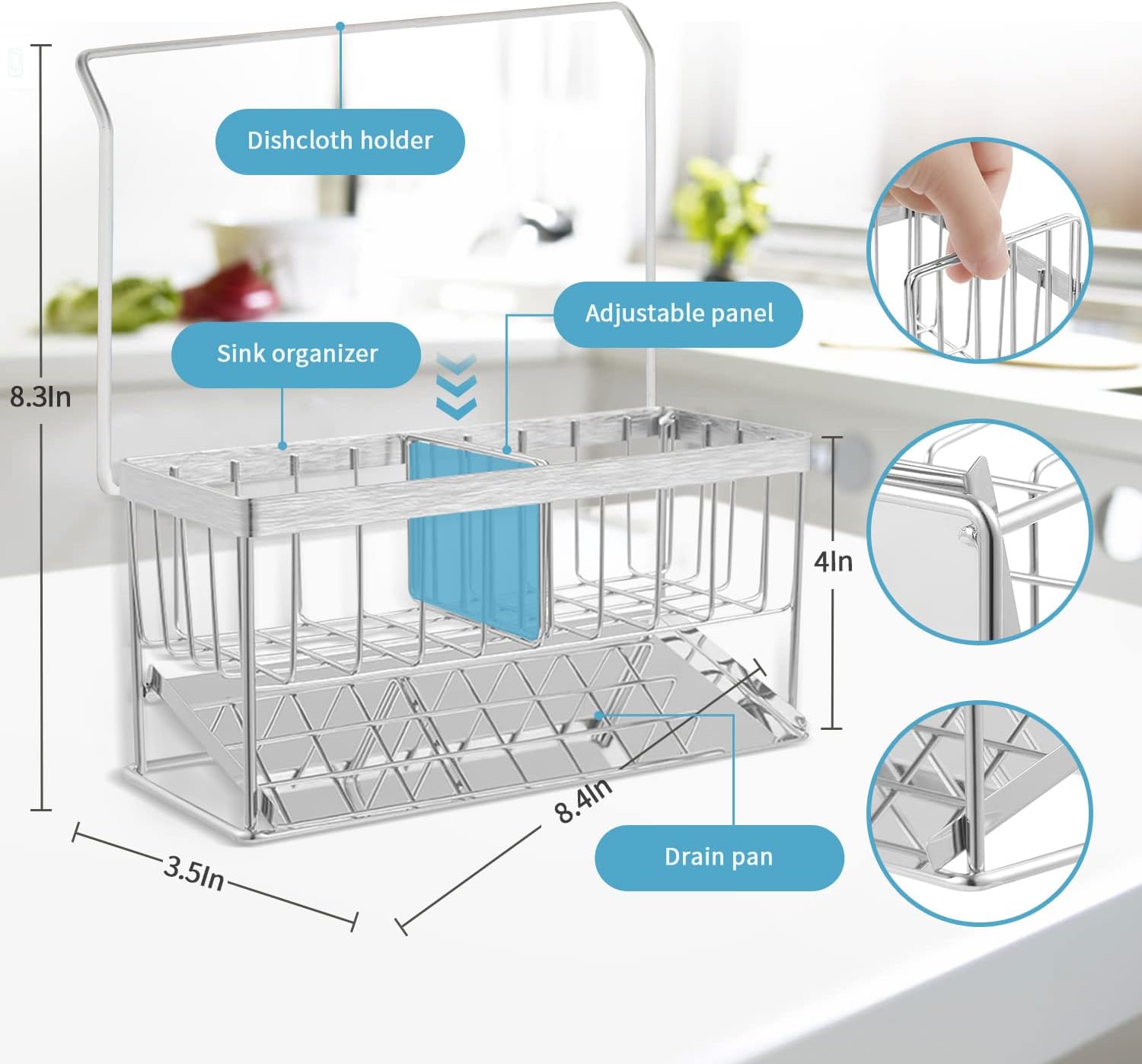 Soporte de esponja para fregadero de cocina, organizador de acero inoxidable 304 dispensador de jabón de cocina con bandeja de drenaje automático,