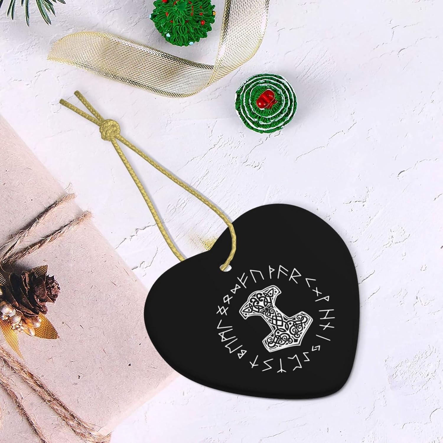 Vikings Mjolnir and Rune Wheel Norse Mythology Symbol Christmas Ornaments, Ceremic Ornaments Heart Shaped Porcelain Ornament Christmas Tree Home