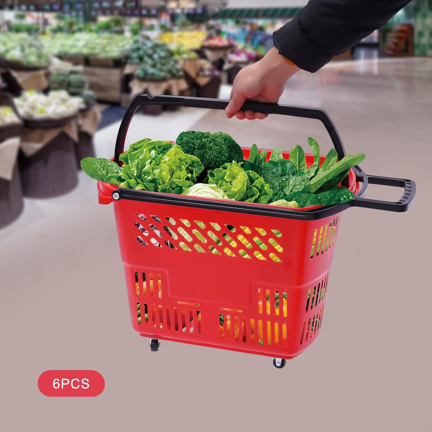 6 cestas de compras para tienda minorista, supermercado, carritos de compras con ruedas, gran capacidad de 35 l9.2 gal (rojo)