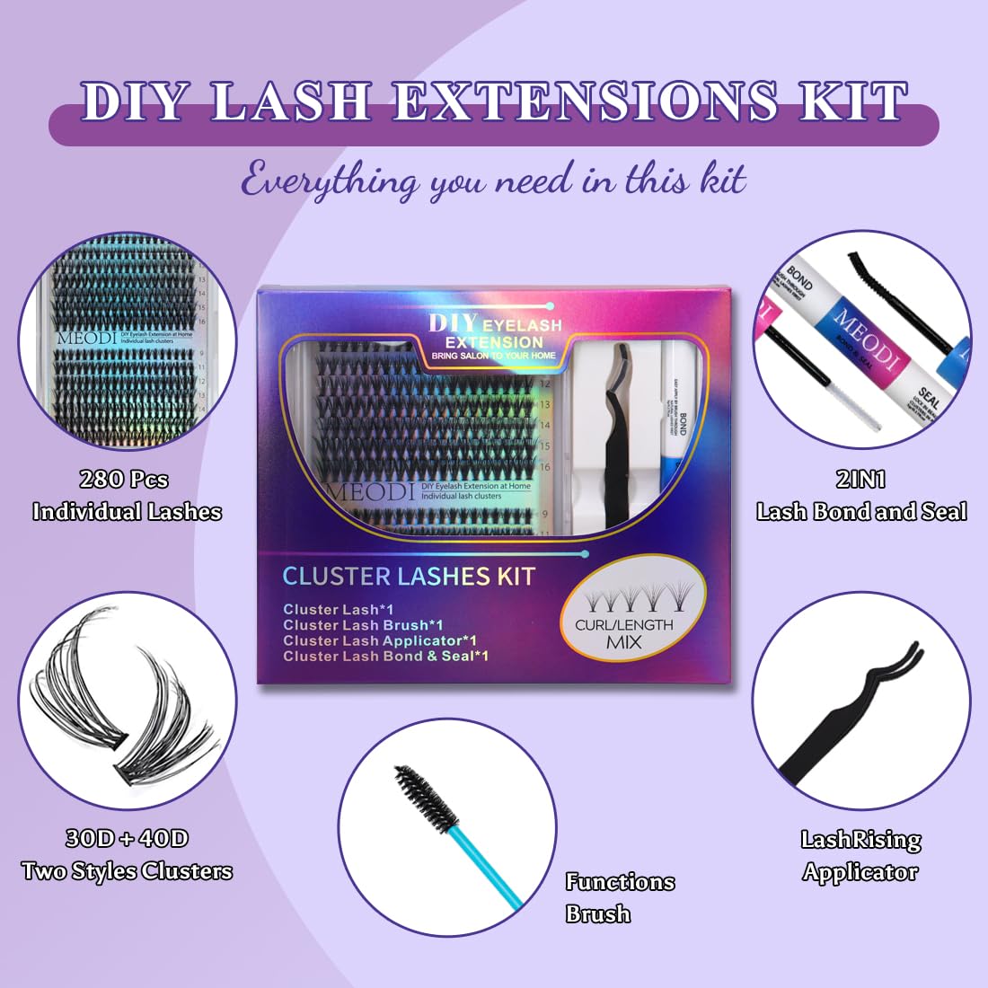 Kit de extensión de pestañas para bricolaje, 30D, 40D, 0.354-0.630 in, mezcla de pestañas individuales, kit de extensiones de pestañas con unión y