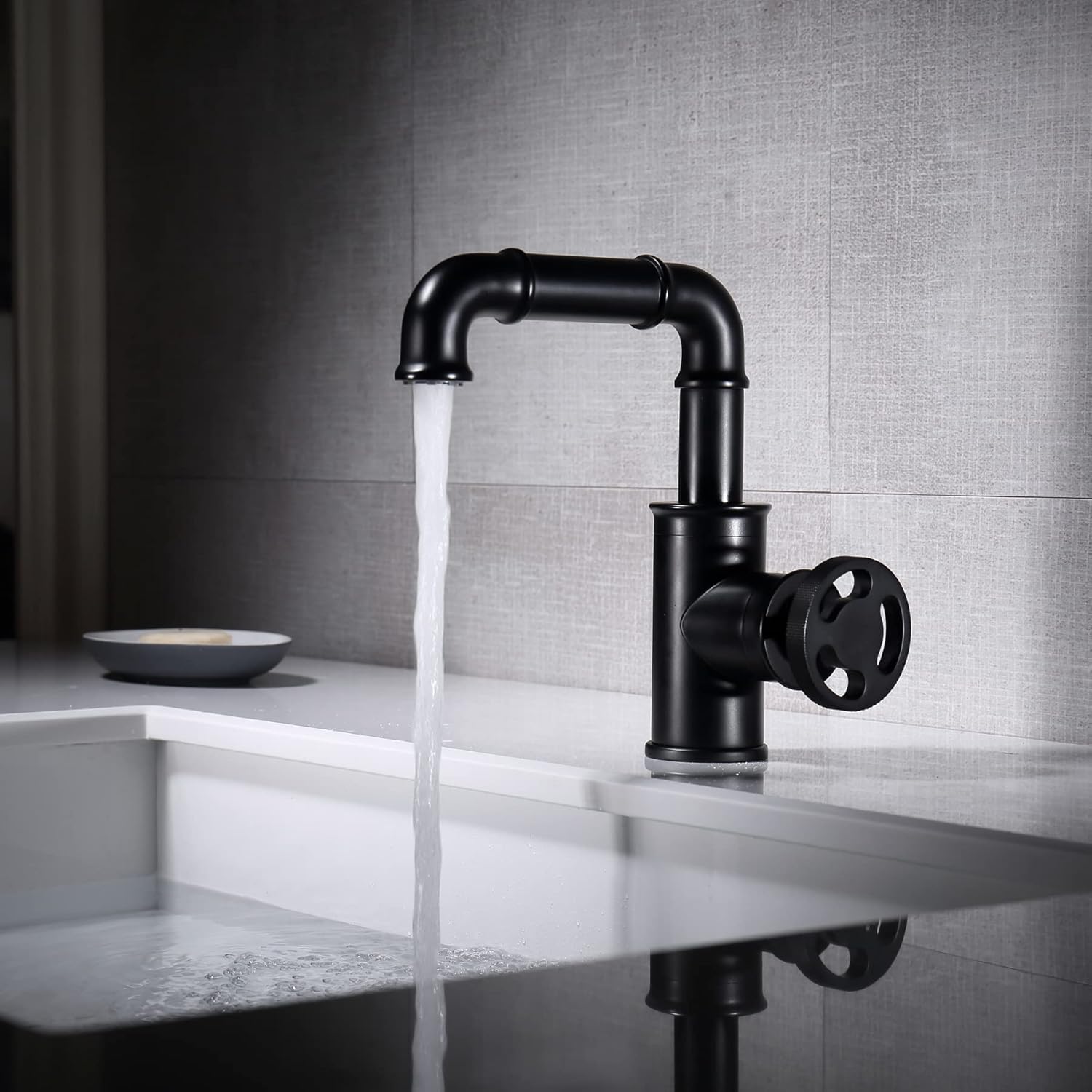 Grifo de tocador de baño negro mate para fregadero de 1 agujero, estilo vintage, estilo industrial, grifo de lavabo de baño, boquilla giratoria de