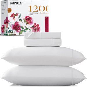 Carressa Linen Sábanas de lujo 100% algodón Supima, sábanas de algodón premium de 1200 hilos para cama tamaño Queen, juego de sábanas blancas de 4 Carressa Linen Sábanas de lujo 100% algodón Supima, sábanas de algodón premium de 1200 hilos para cama tamaño Queen, juego de sábanas blancas de 4