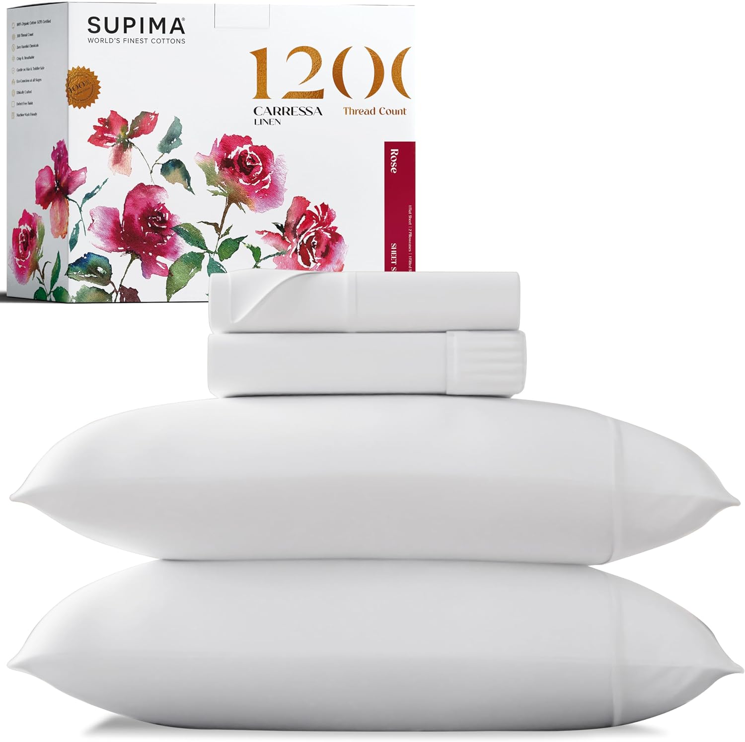 Carressa Linen Sábanas de lujo 100% algodón Supima, sábanas de algodón premium de 1200 hilos para cama tamaño Queen, juego de sábanas blancas de 4