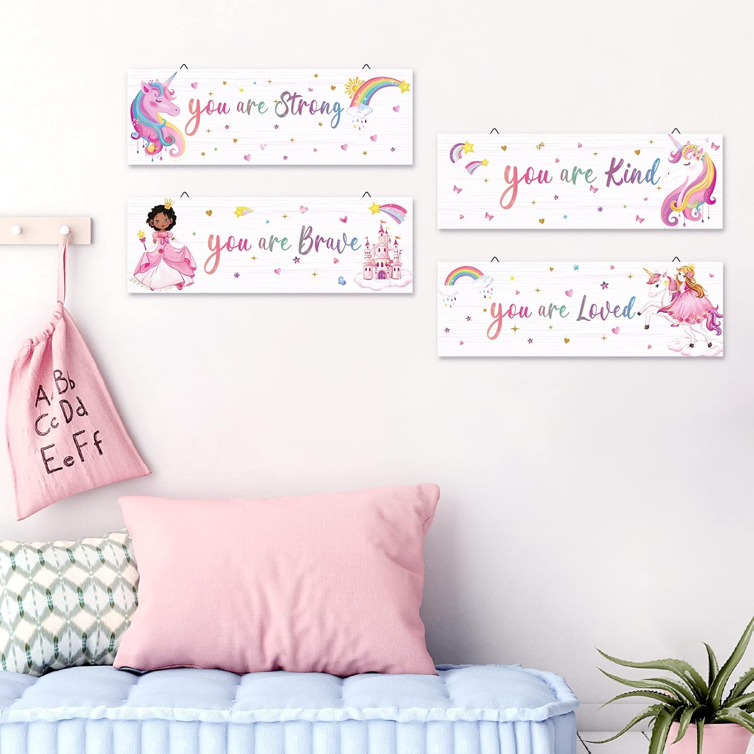 decalmile 4 piezas de unicornio princesa castillo arco iris motivacionales carteles de madera colgantes placa de pared You Are Kind Braved citas