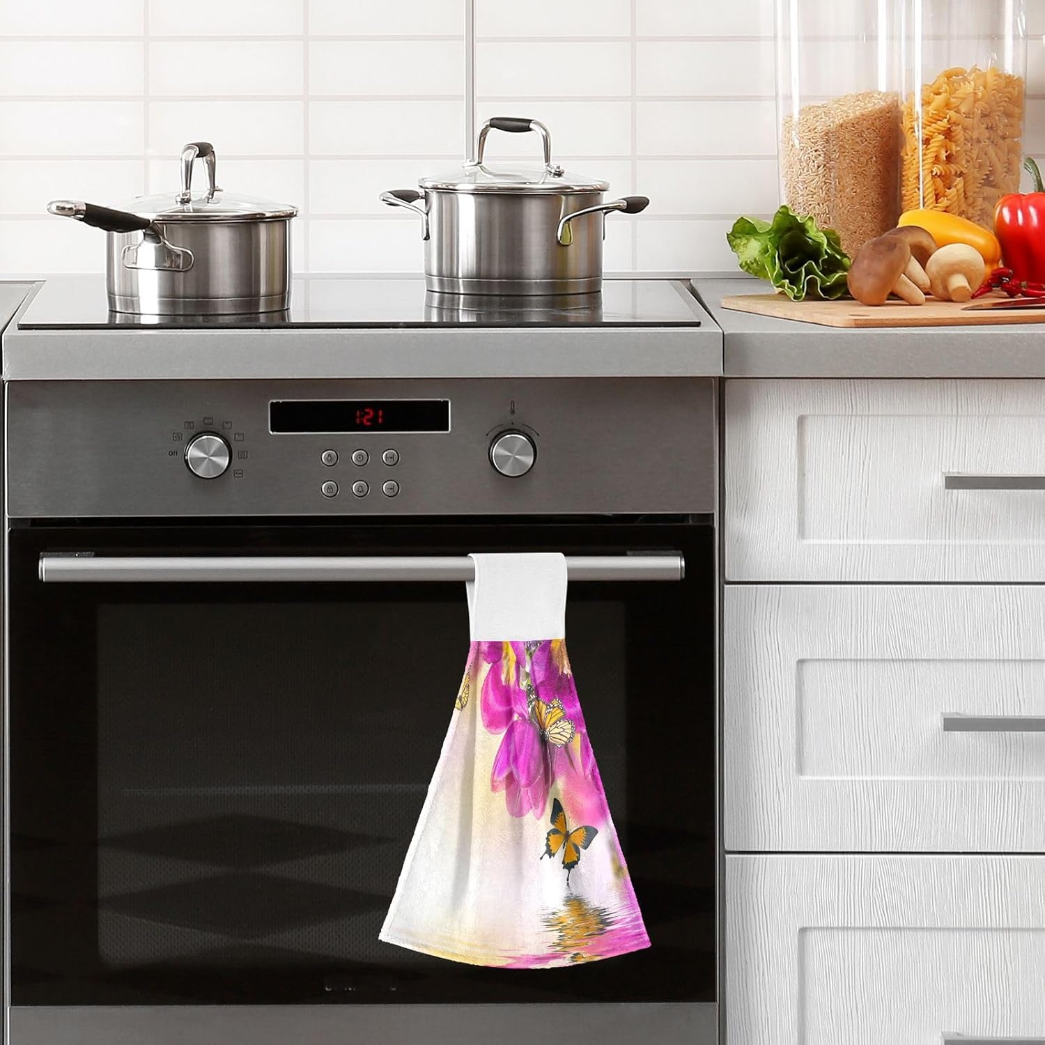 ALAZA Juego de 2 toallas de cocina colgantes con diseño de mariposas rosadas, juego de 2 toallas de mano suaves y absorbentes, paños de cocina,