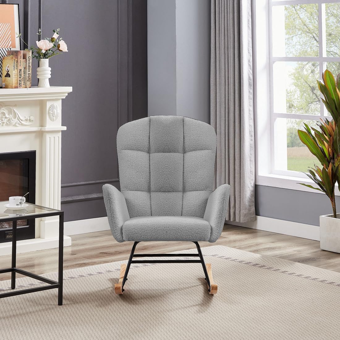 hansones Mecedora para guardería, silla deslizadora tapizada con respaldo alto, sillón para sala de estar, dormitorio, oficinas (gris peluche)