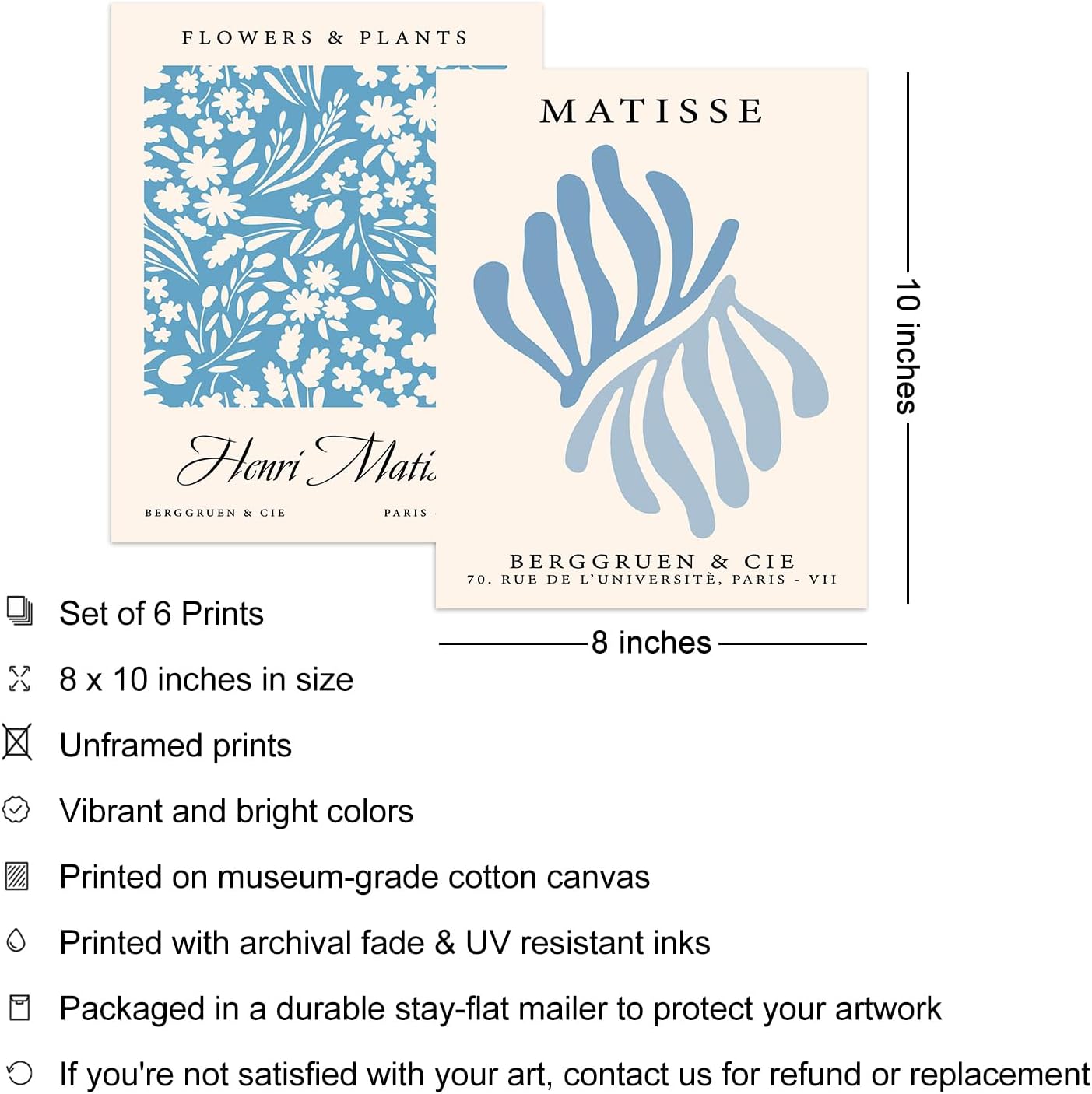 Iknostine Juego de 6 impresiones artísticas de pared de artistas famosos Matisse abstractas en lienzo estético azul Foral Flower Market Morris