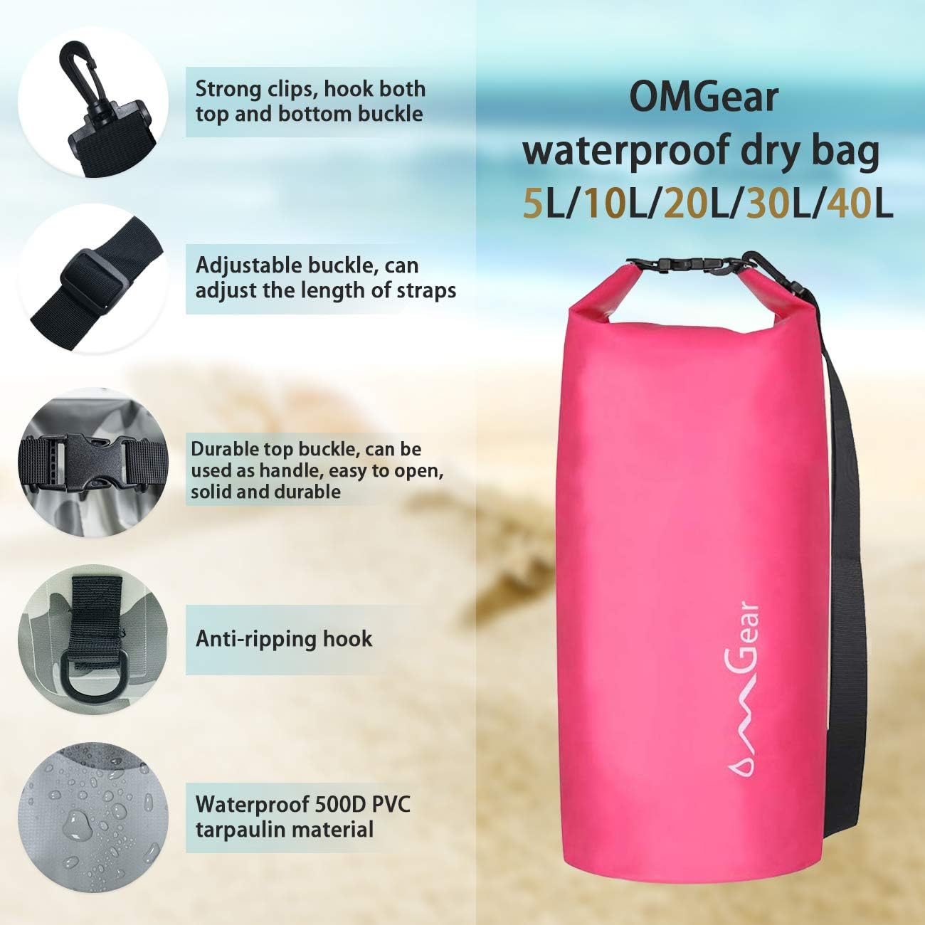 OMGear Mochila impermeable, bolsa impermeable para teléfono, 40, 30, 20, 10 y 5 L, flotante, saco seco para kayak, lancha, vela, piragüismo,