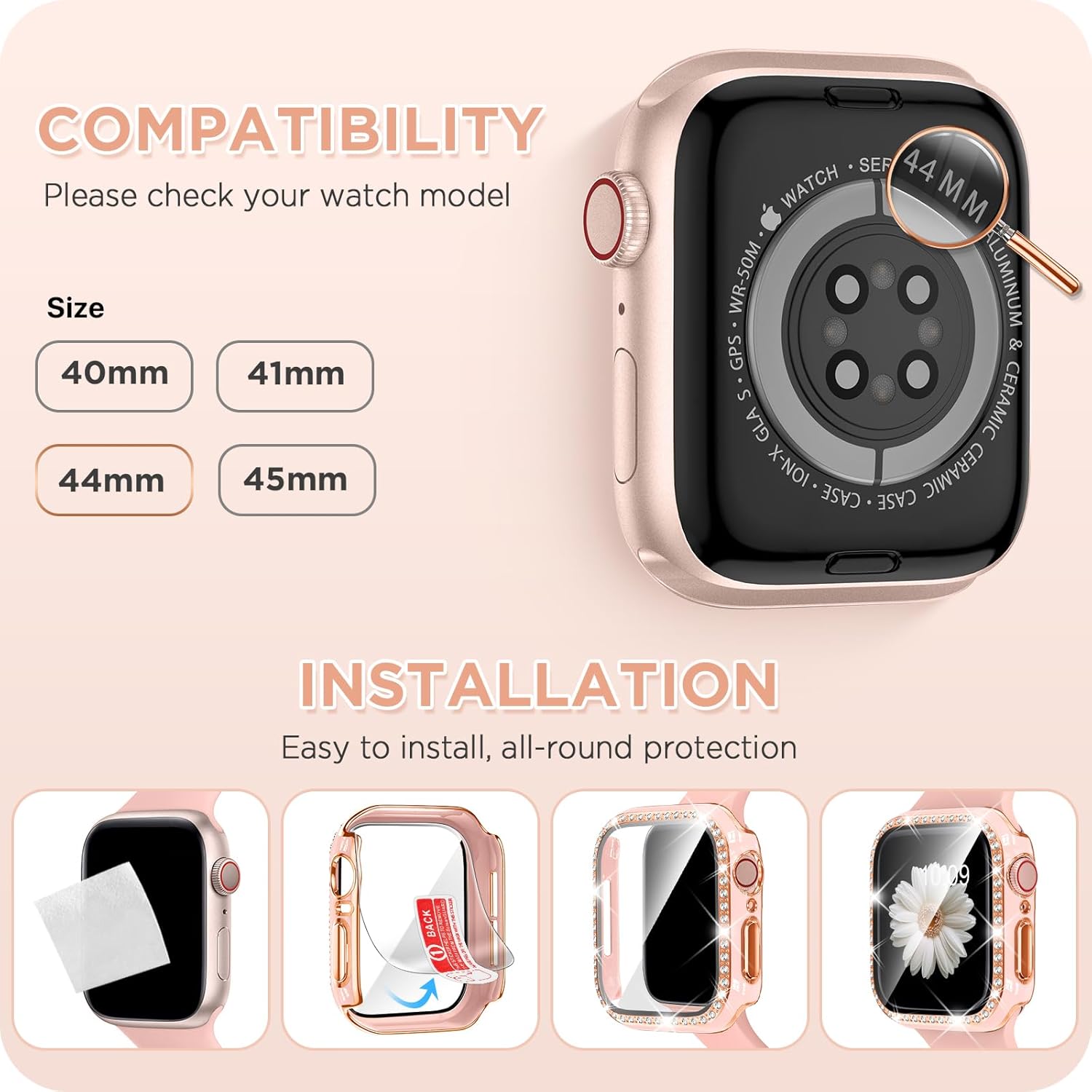 DABAOZA Correa de reloj compatible con Apple Watch con funda de parachoques con purpurina, correa de silicona suave y cómoda con hebilla para iWatch