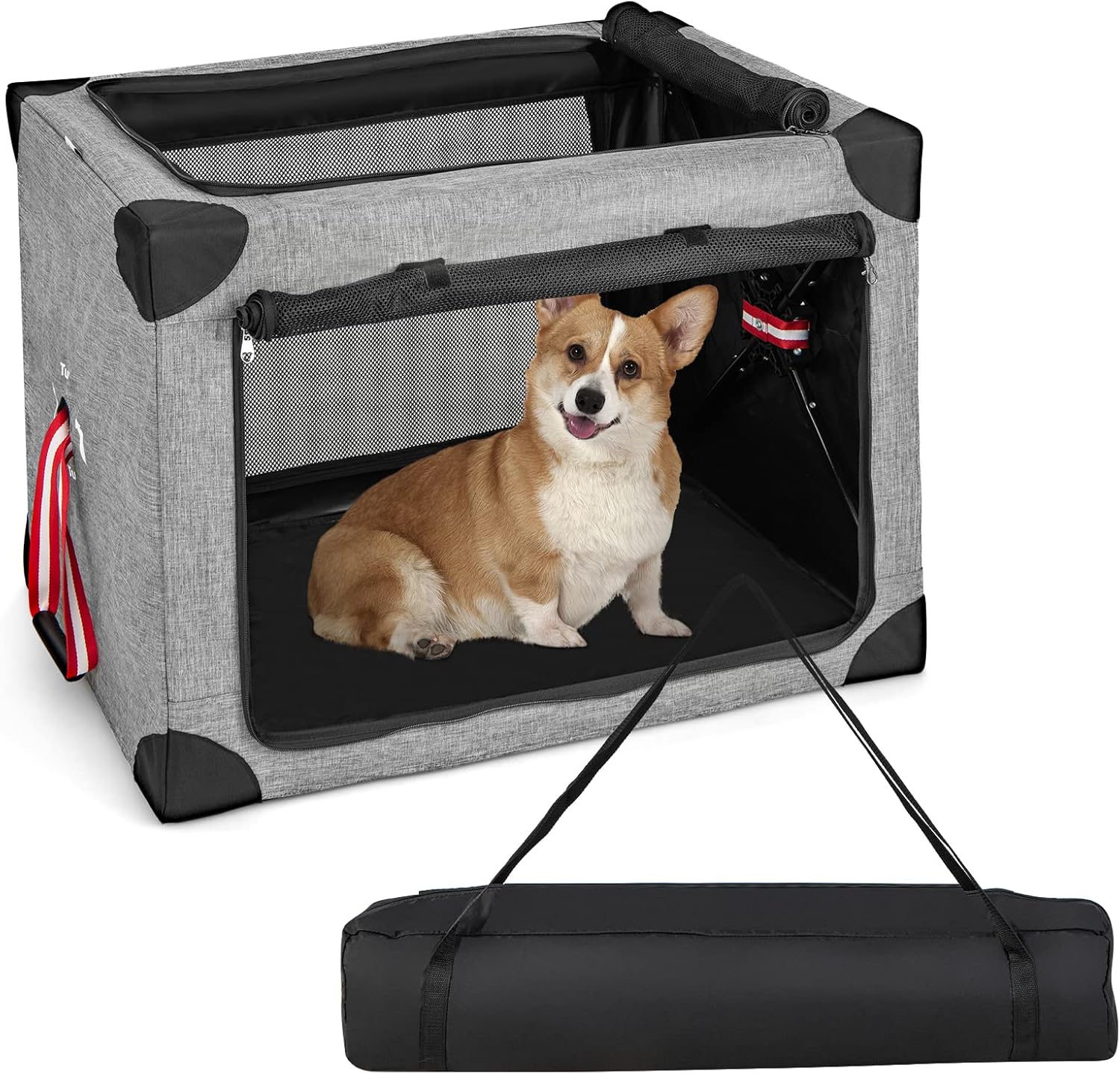 Tangkula Jaula plegable para perros de 3 puertas, suave con almohadilla extraíble y marco de metal, transportador de viaje para mascotas, lavable