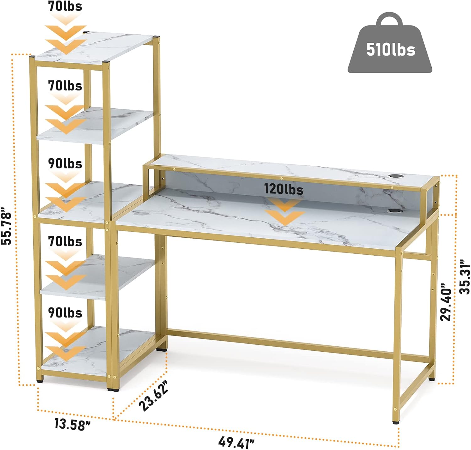 Teraves Escritorio para computadora con estantes de 5 niveles, escritorio reversible con almacenamiento de 49 pulgadas, mesa de estudio para oficina