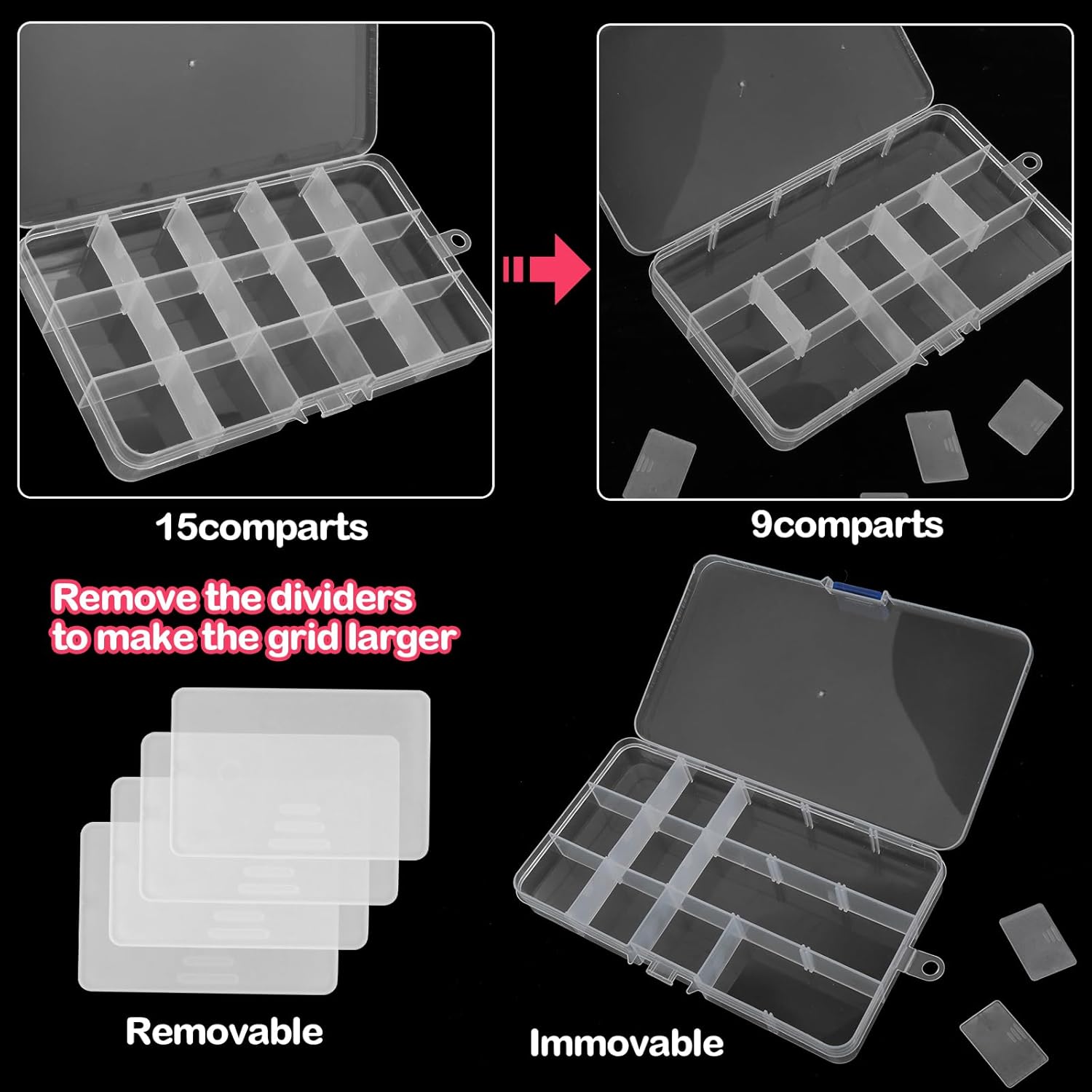 WLLHYF Caja organizadora de plástico transparente de 15 rejillas, caja de almacenamiento para manualidades, manualidades, joyería, aparejos de pesca