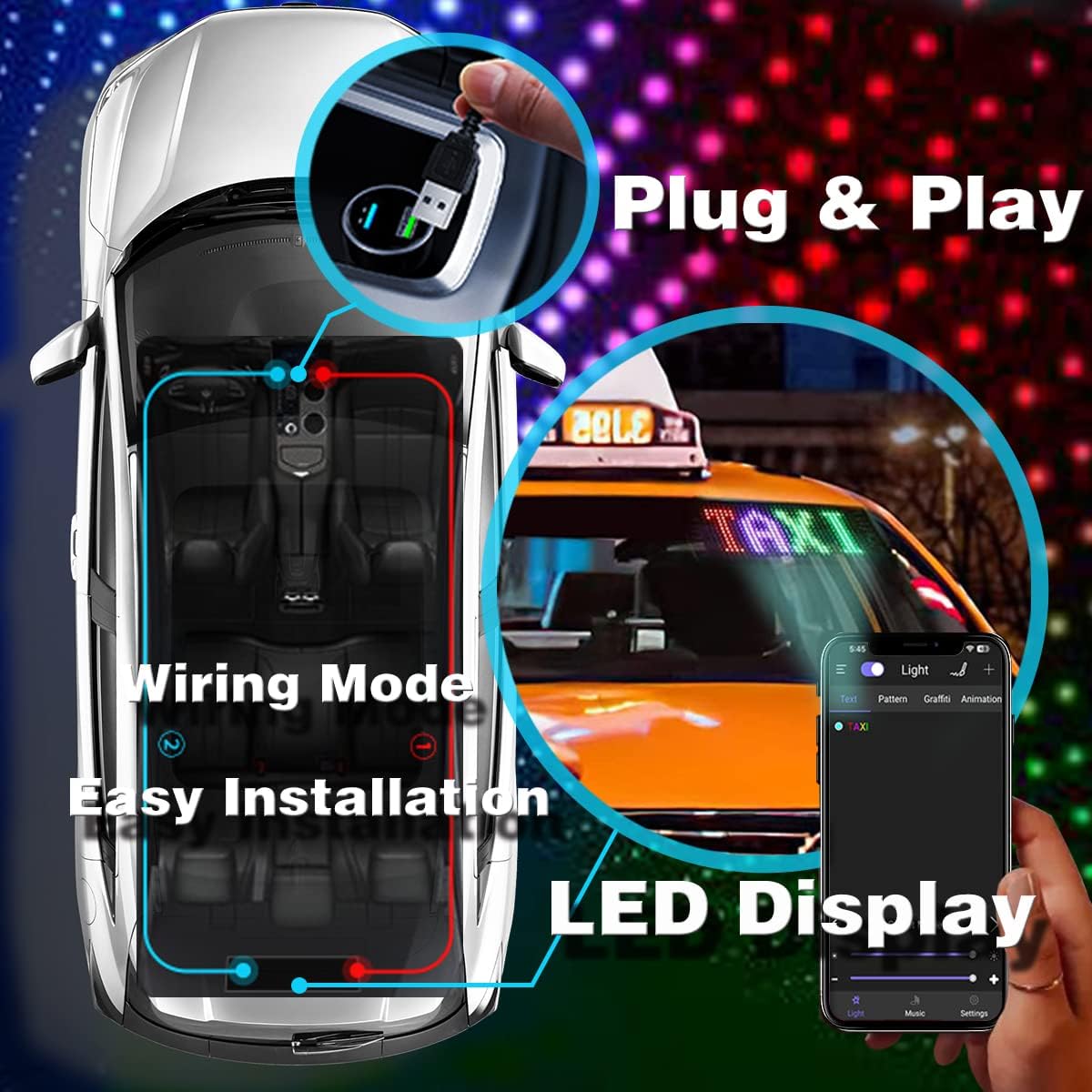 Letreros LED para coche RGBW, panel flexible de desplazamiento de animación con patrón de texto personalizado, pantalla de control de aplicación USB