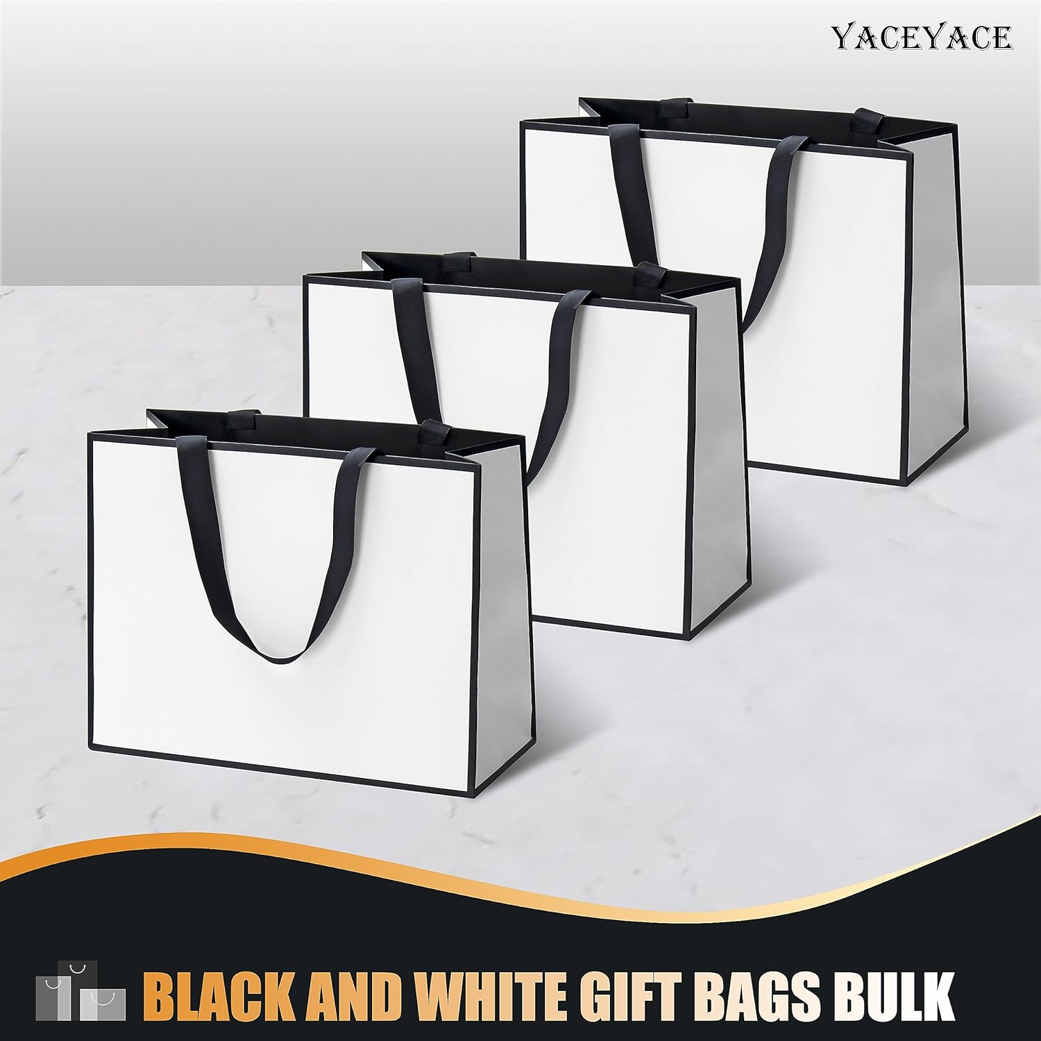 Bolsas de regalo blancas y negras a granel YACEYACE 20 piezas de 10.5 x 4.25 x 8 pulgadas, bolsas de regalo medianas blancas con asas de cinta,
