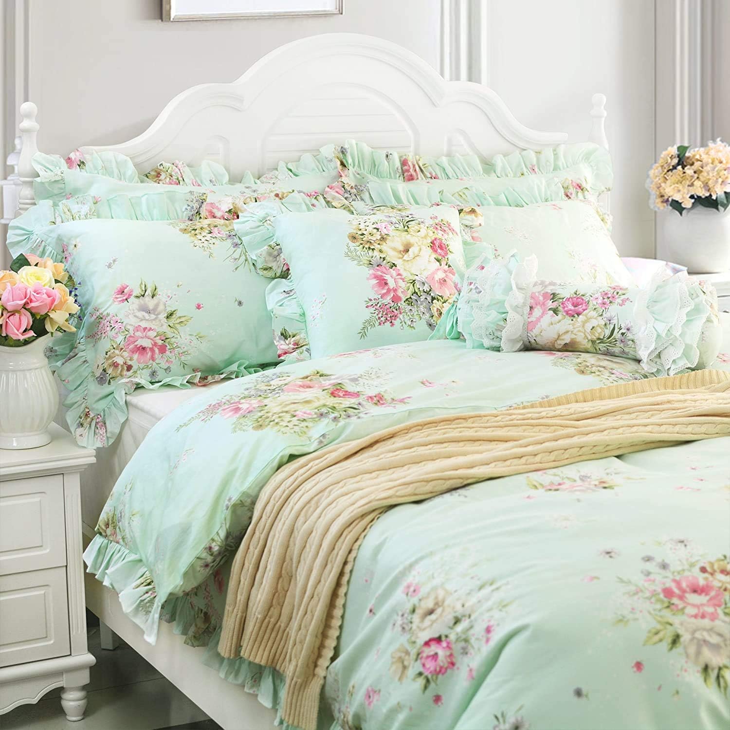 Usning Juego de funda de edredón tamaño Queen, ropa de cama floral verde de 3 piezas, ropa de cama en una bolsa 100% algodón, 100% algodón, 1 funda
