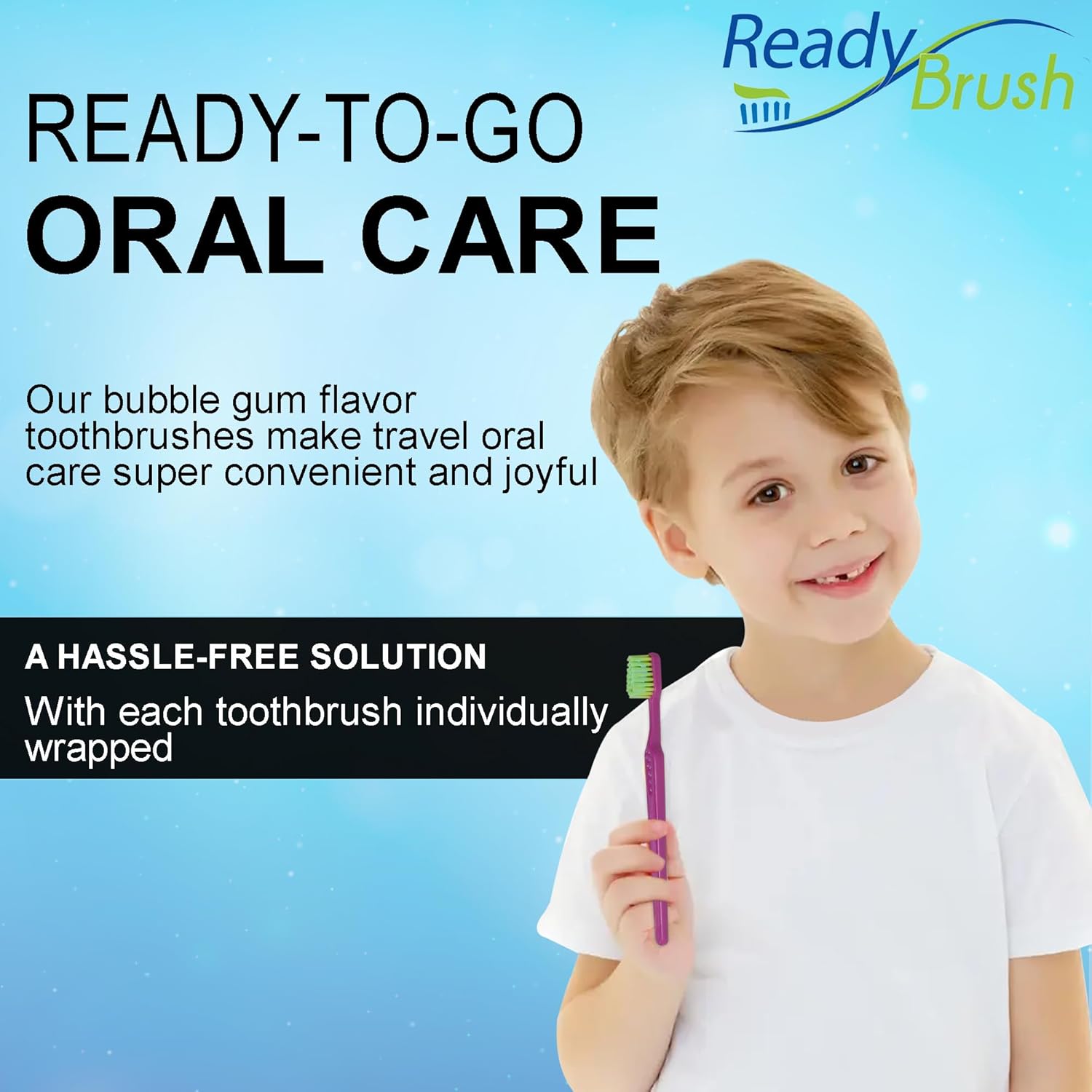 READYBRUSH JR 30 Cepillos de dientes reutilizables para niños prepegados con pasta de dientes sabor a goma de mascar en las cerdas, cepillos de