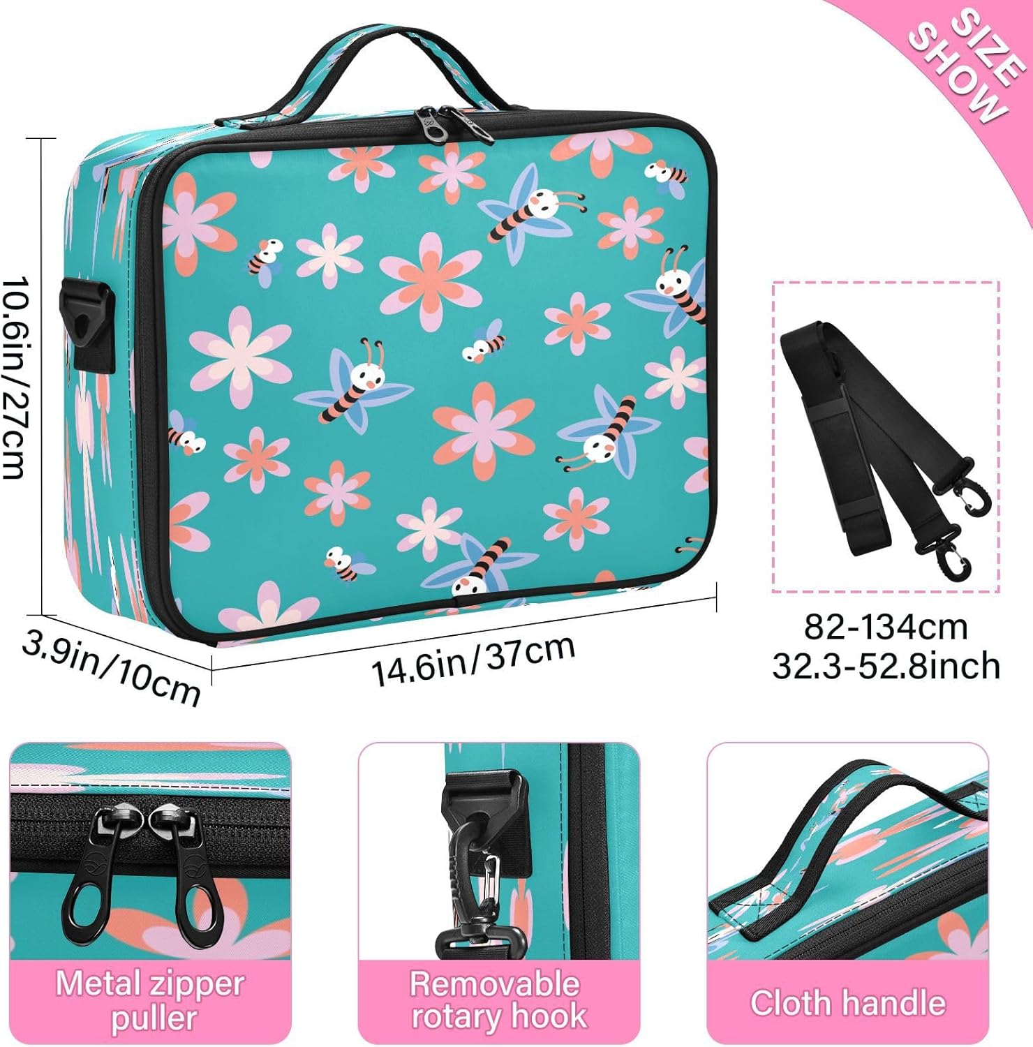 Bee Cartoon Turquoise Flower travel cosmetic bags for women toiletries travel make up bag women portable travel makeup bolsa cosmetiqueras para