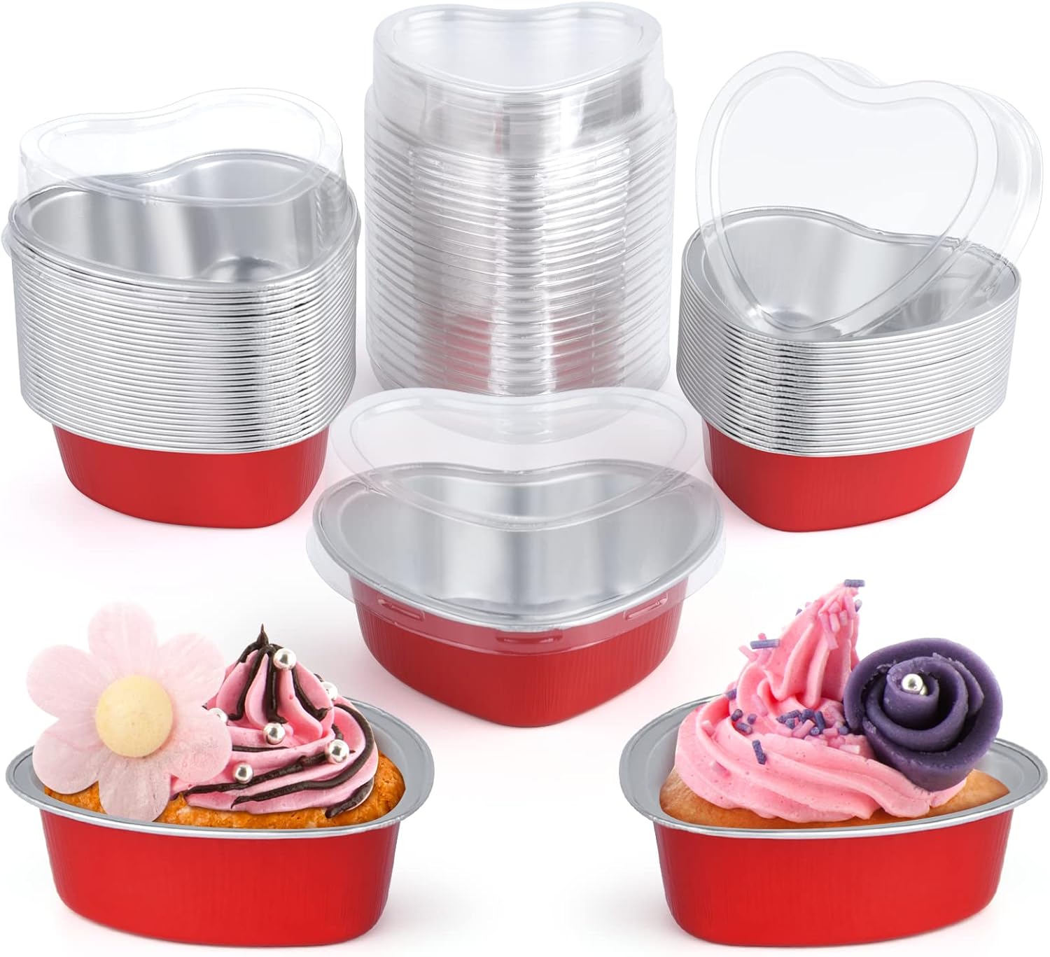 ELECLAND Juego de 50 moldes de papel de aluminio con forma de corazón rojo de 3.4 onzas con tapas, para postres, para hornear, cupcakes, para San