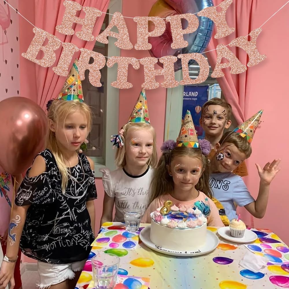 Cartel de feliz cumpleaños de oro rosa  NO DIY  Cartel de fiesta de cumpleaños con purpurina de oro rosa  Pre-encordado  Guirnalda de cumpleaños de