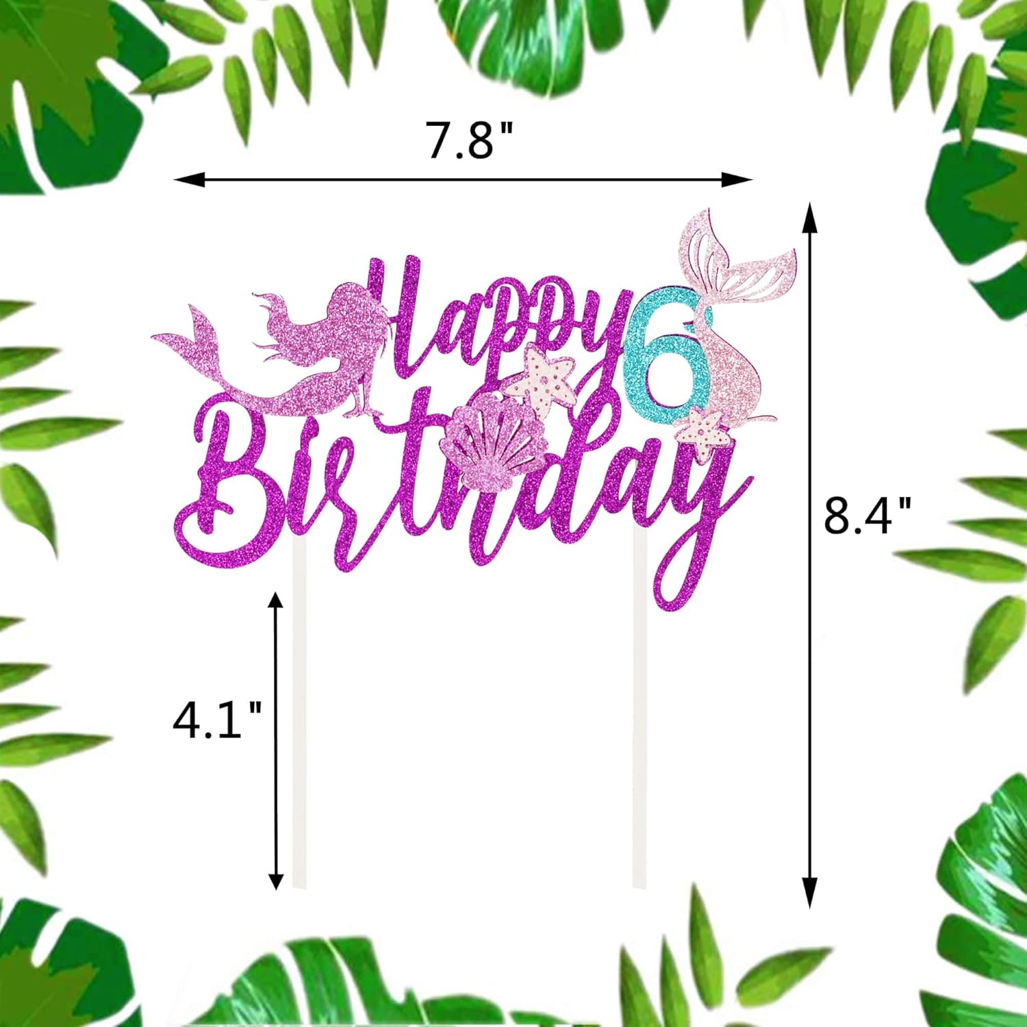 Decoración para pastel de cumpleaños con diseño de sirena de 6 cumpleaños, diseño de estrella de mar y conchas con purpurina, decoraciones para