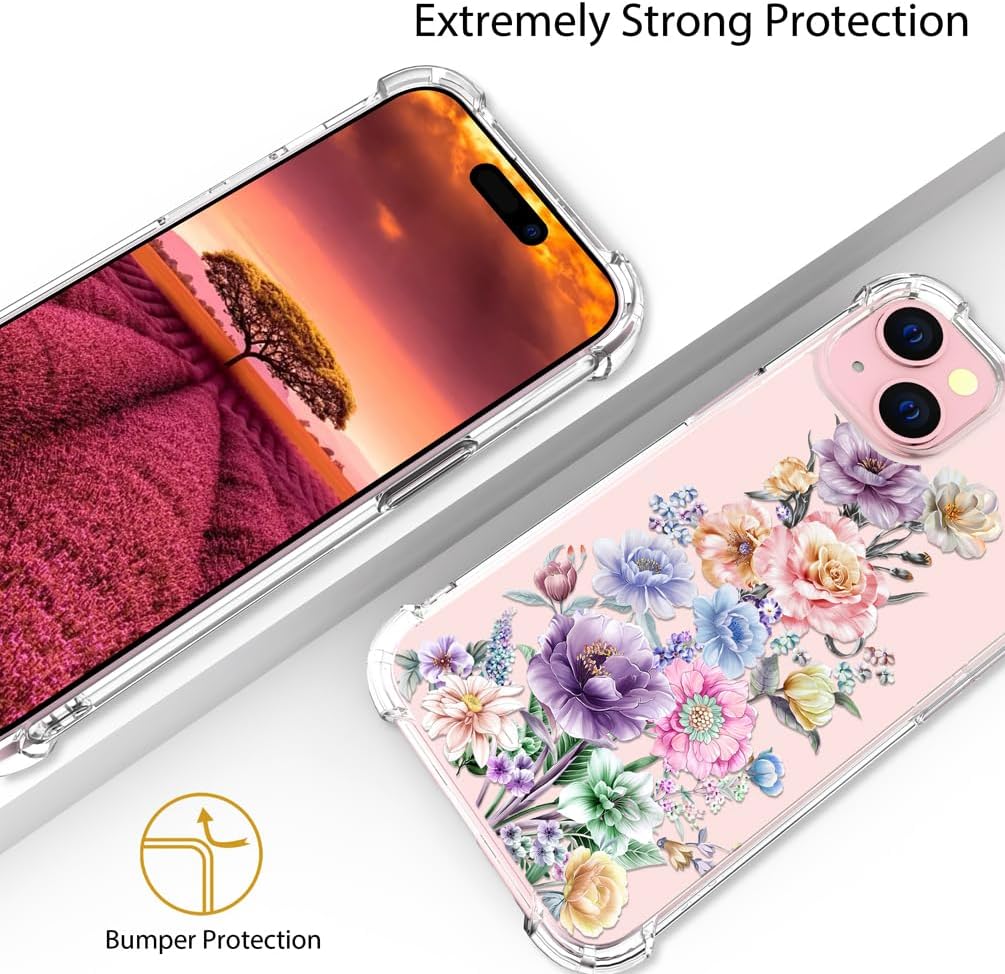 Funda compatible con iPhone 15, diseño floral lindo transparente para mujeres, niñas de diseñador, funda transparente de diseño floral, teléfono 15