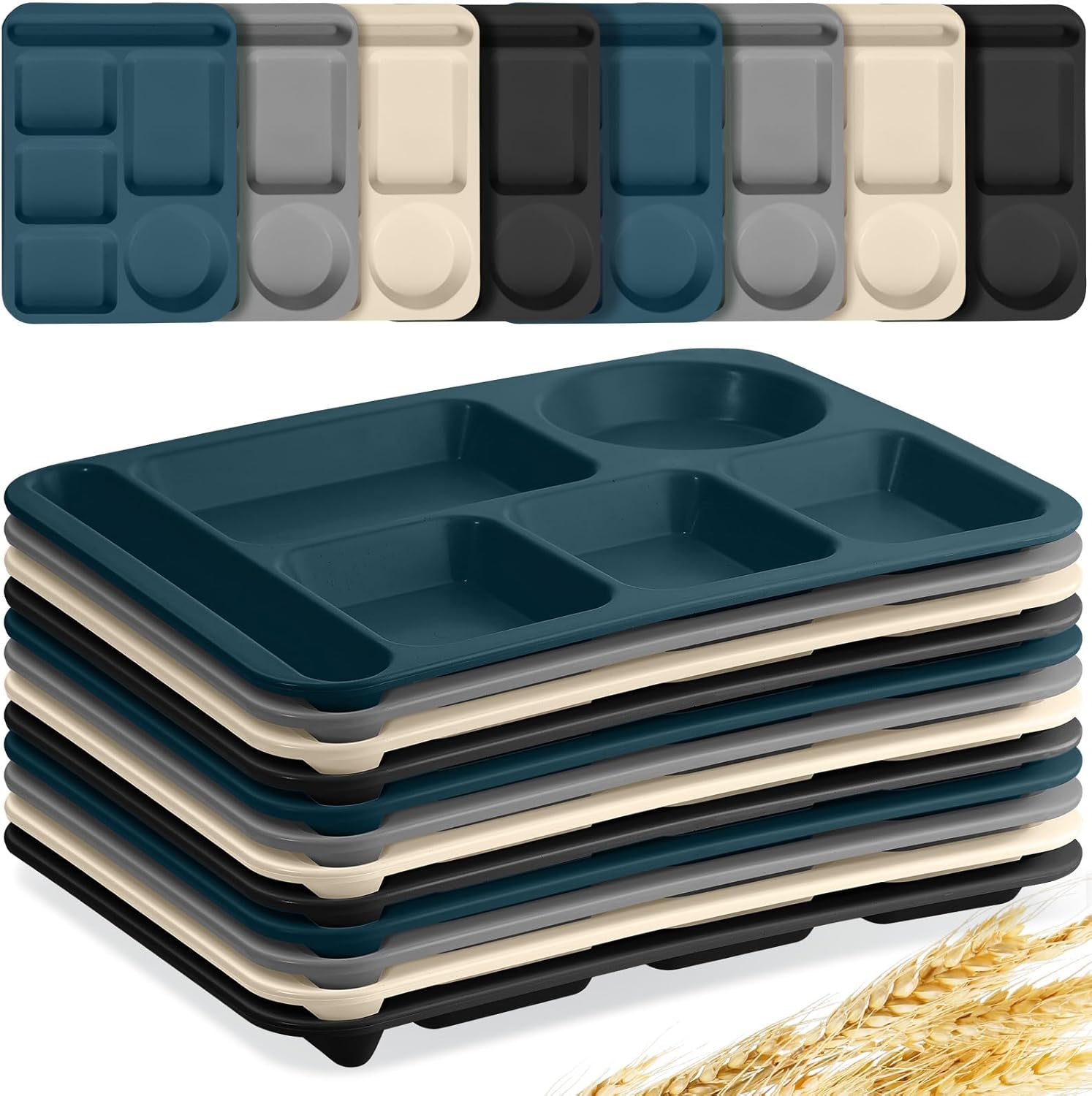Tioncy 20 platos divididos grandes de paja de trigo de 14.2 pulgadas para adultos, bandejas irrompibles para el almuerzo para niños con