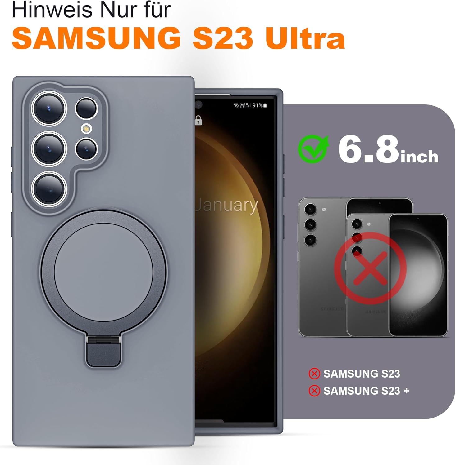 Funda para Samsung Galaxy S23 Ultra con soporte de anillo magnético de silicona de 6.8 pulgadas para mujeres y hombres compatible con MagSafe