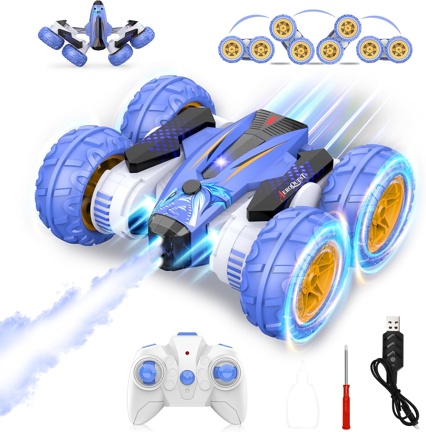 AEROQUEST Coche de control remoto  Coche de acrobacias RC de doble cara, giratorio de 360  4WD todoterreno con faros delanteros y música 2.4Ghz para