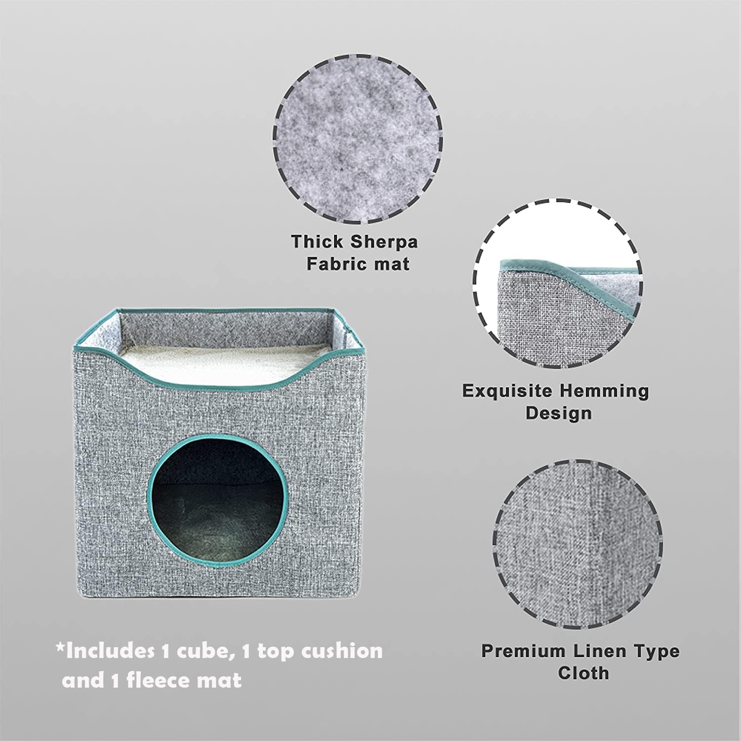 Jongee Cat Cube House – Casa plegable para gatos con cojín reversible y almohadilla para raspar para gatos pequeños de interior, gris, 13 x 13 x 15