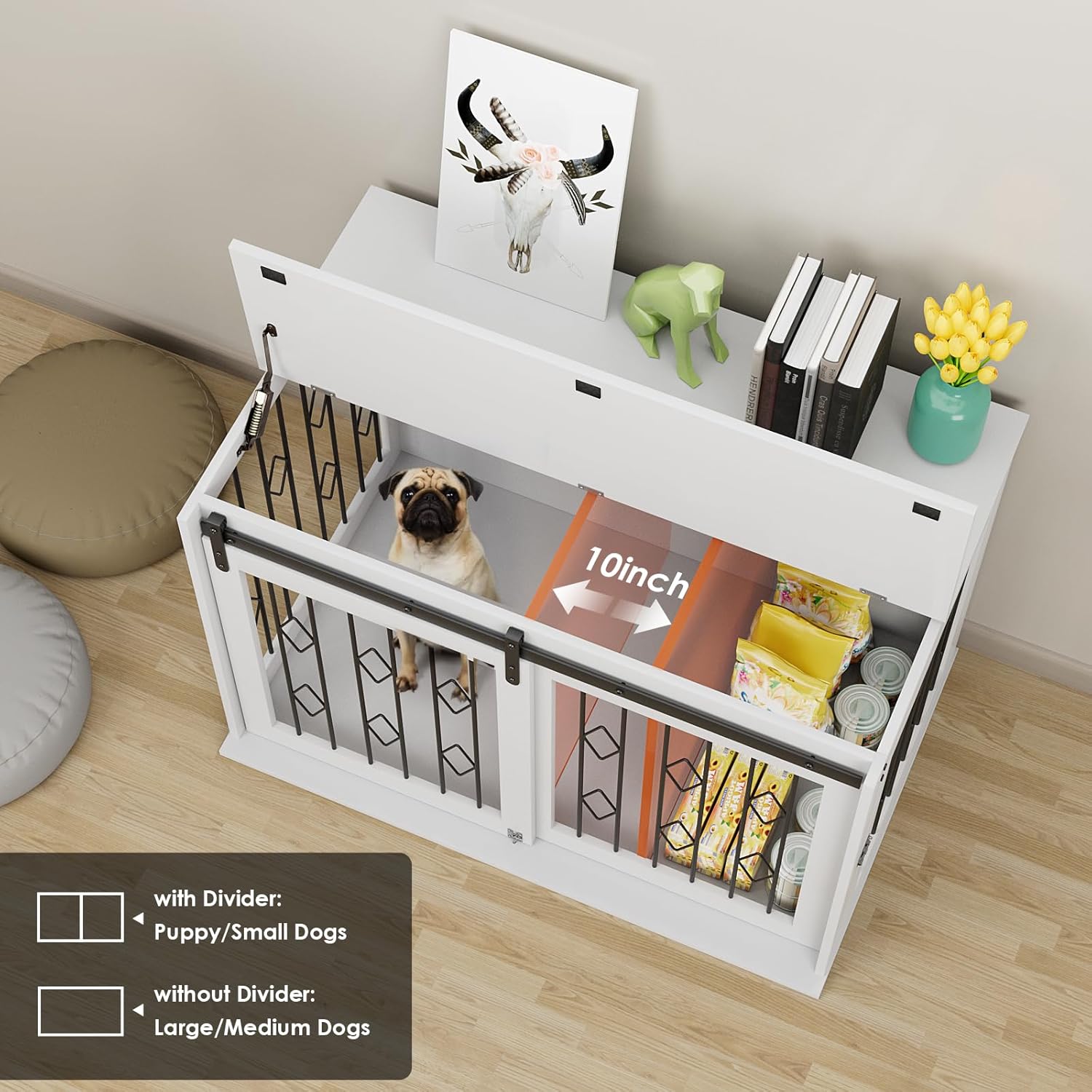 Arlopu Mueble de jaula para perros con puerta corrediza de granero, mesa auxiliar de madera de 39.4 pulgadas, con apertura superior, divisor
