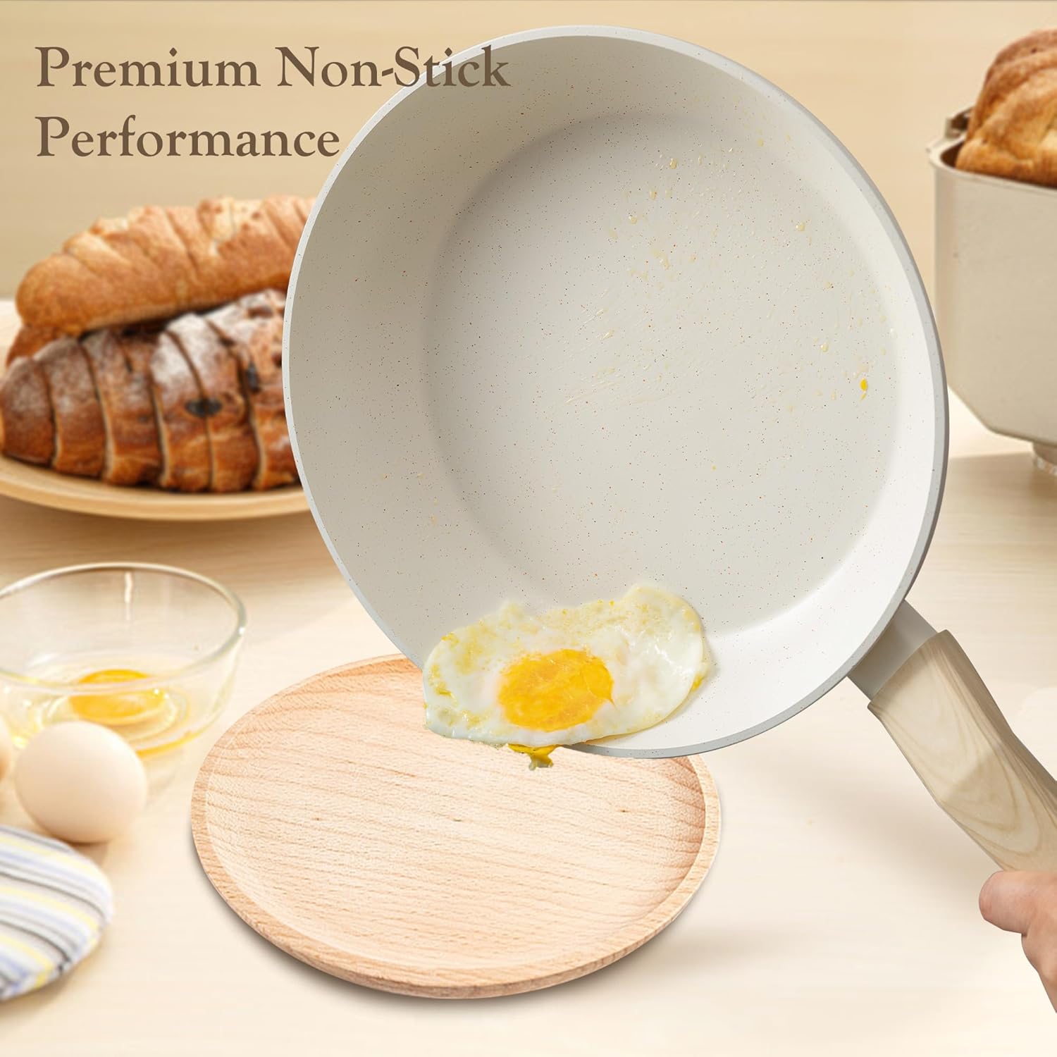 HAFMOOBEY Juego de ollas y sartenes antiadherentes, 21 piezas de utensilios de cocina de inducción de granito beige con sartenes, cacerola y ollas