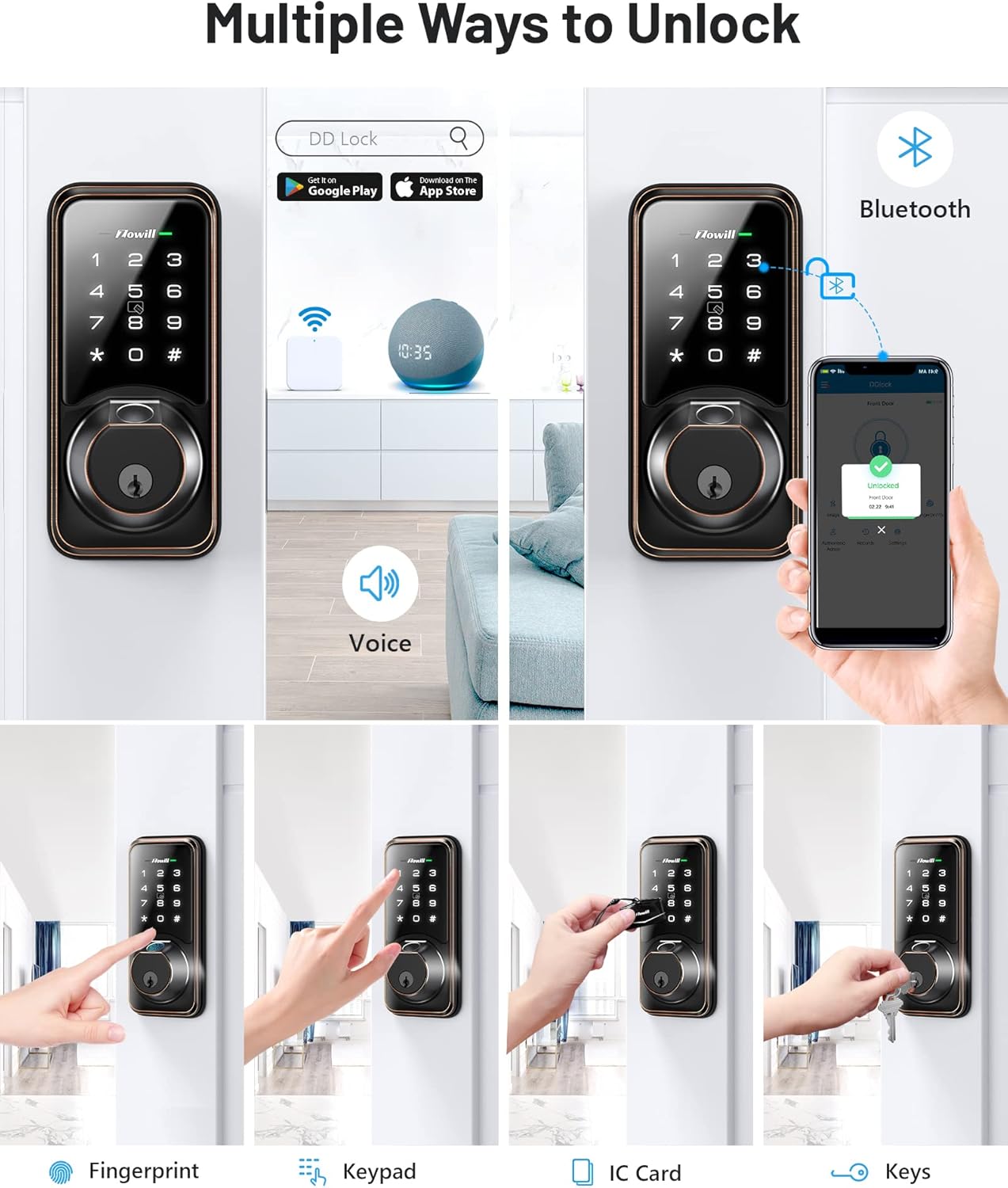 Zowill DK07G – Cerradura inteligente WiFi, cerradura de puerta de huellas dactilares con aplicación y control de voz, cerradura de puerta