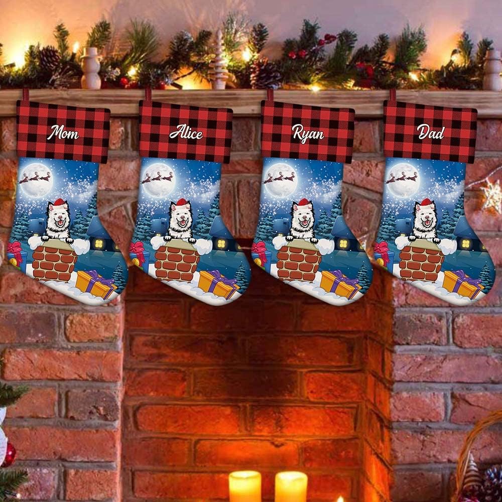 MALIHONG Paquete de 1 calcetín personalizado de Navidad a cuadros de búfalo rojo con encantador perro, husky siberiano, copo de nieve, decoración