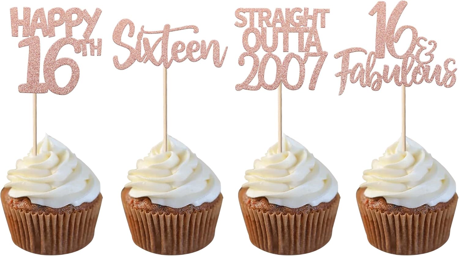 Paquete de 24 decoraciones para cupcakes de cumpleaños de 16 años con purpurina de dieciséis rectos fuera de 2007, decoraciones para pasteles de