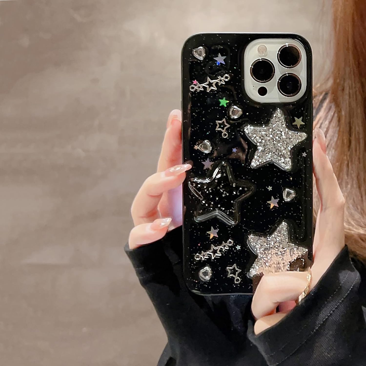 Funda para iPhone 14 con diseño de estrellas 3D con corazones brillantes y diamantes con purpurina Y2K Spark de lujo, diseño femenino estético