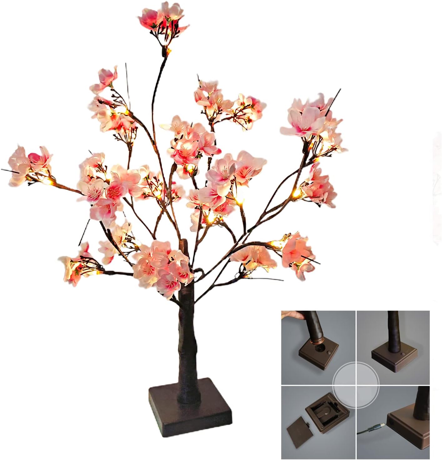 Mokylor Árbol de cerezo iluminado, 21.7 pulgadas, 24 luces LED artificiales de mesa de cerezo bonsái, funciona con pilas, decoración de árbol de
