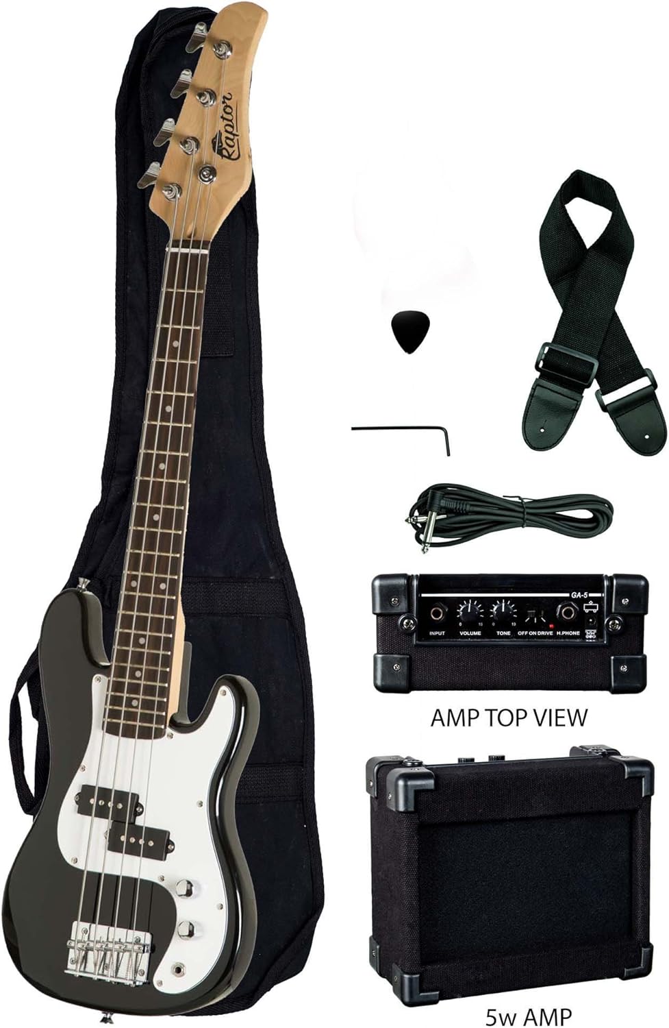 Raptor 34 Tamaño 38 pulgadas Niños 4 Cuerdas Electric P Bass Negro. Paquete completo con amplificador de 5 W, bolsa, correa, cable, púas