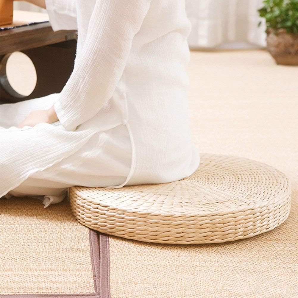 Paquete de 2 cojines de suelo de tatami para sentarse, tamaño más grande, acolchados, redondos, con pajilla, para asiento al aire libre (diámetro