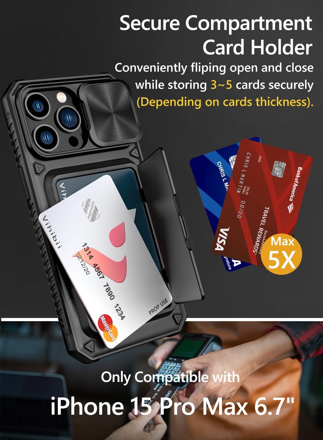 Vihibii Funda para iPhone 15 Pro Max con tarjetero (4 tarjetas) y cubierta deslizante para cámara y soporte, protección contra caídas de grado