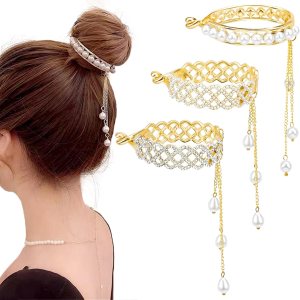 3 pinzas para el cabello con borlas y diamantes de imitación de perlas, pasadores de pelo de metal francés, soporte para moño, cola de caballo alta, 3 pinzas para el cabello con borlas y diamantes de imitación de perlas, pasadores de pelo de metal francés, soporte para moño, cola de caballo alta,