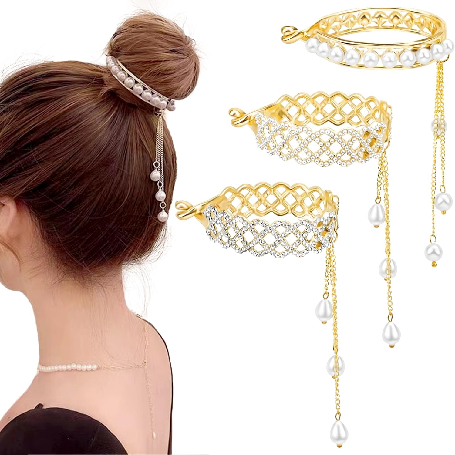 3 pinzas para el cabello con borlas y diamantes de imitación de perlas, pasadores de pelo de metal francés, soporte para moño, cola de caballo alta,