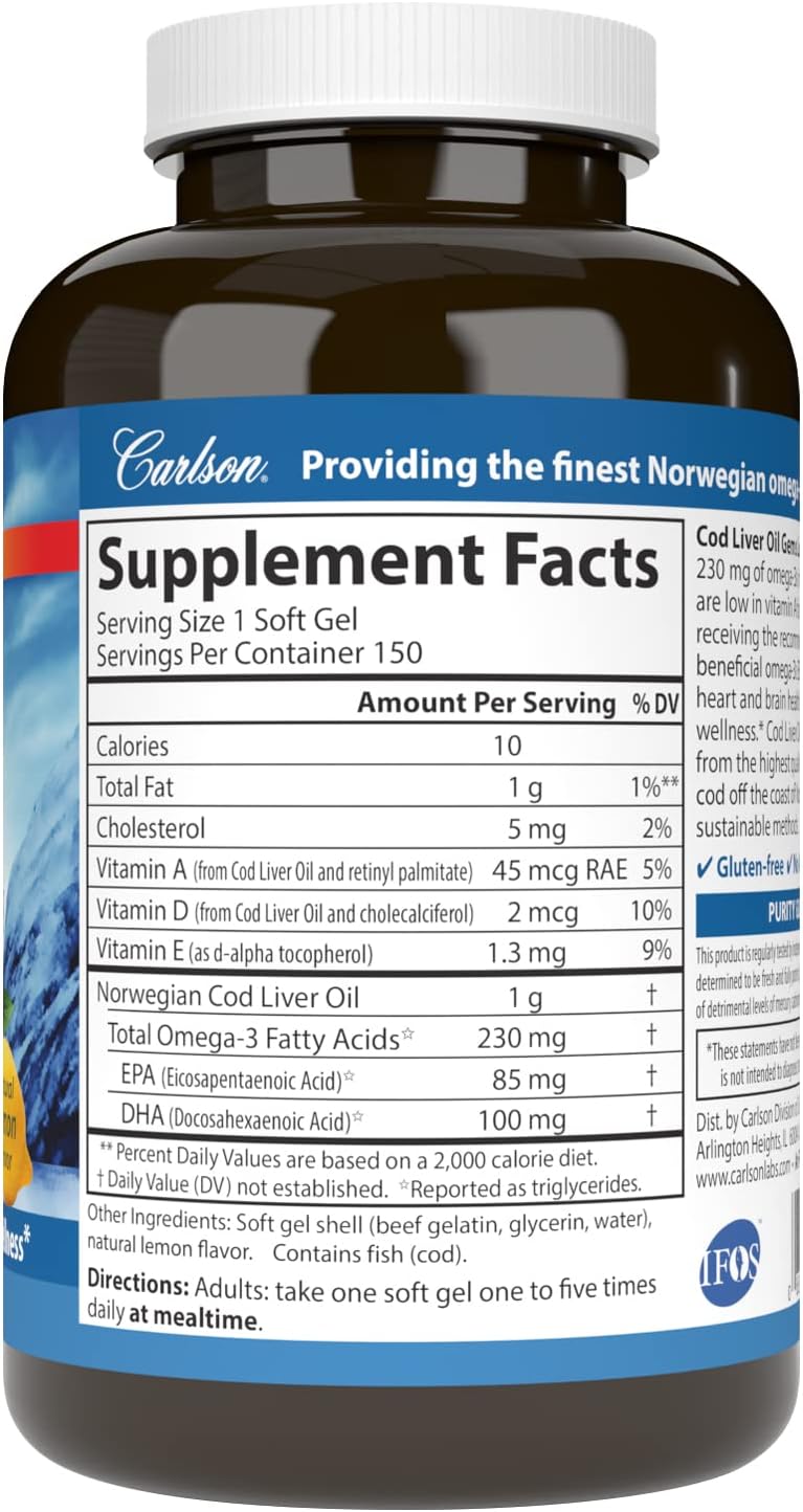 Carlson – Gemas de aceite de hígado de bacalao, baja vitamina A, 230 mg de omega-3, noruego, capturado en la naturaleza, de origen sostenible, 150