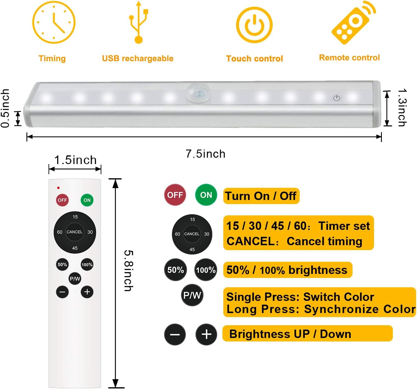 Luz LED para armario, 20 LED, recargable, control remoto, luz debajo del gabinete, iluminación inalámbrica, barra de luz nocturna en cualquier lugar