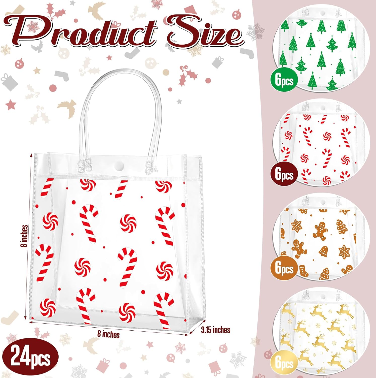 Zhanmai 24 bolsas de regalo de plástico transparente de Navidad con asa, bolsas reutilizables para envolver regalo, árbol de Navidad, pan de