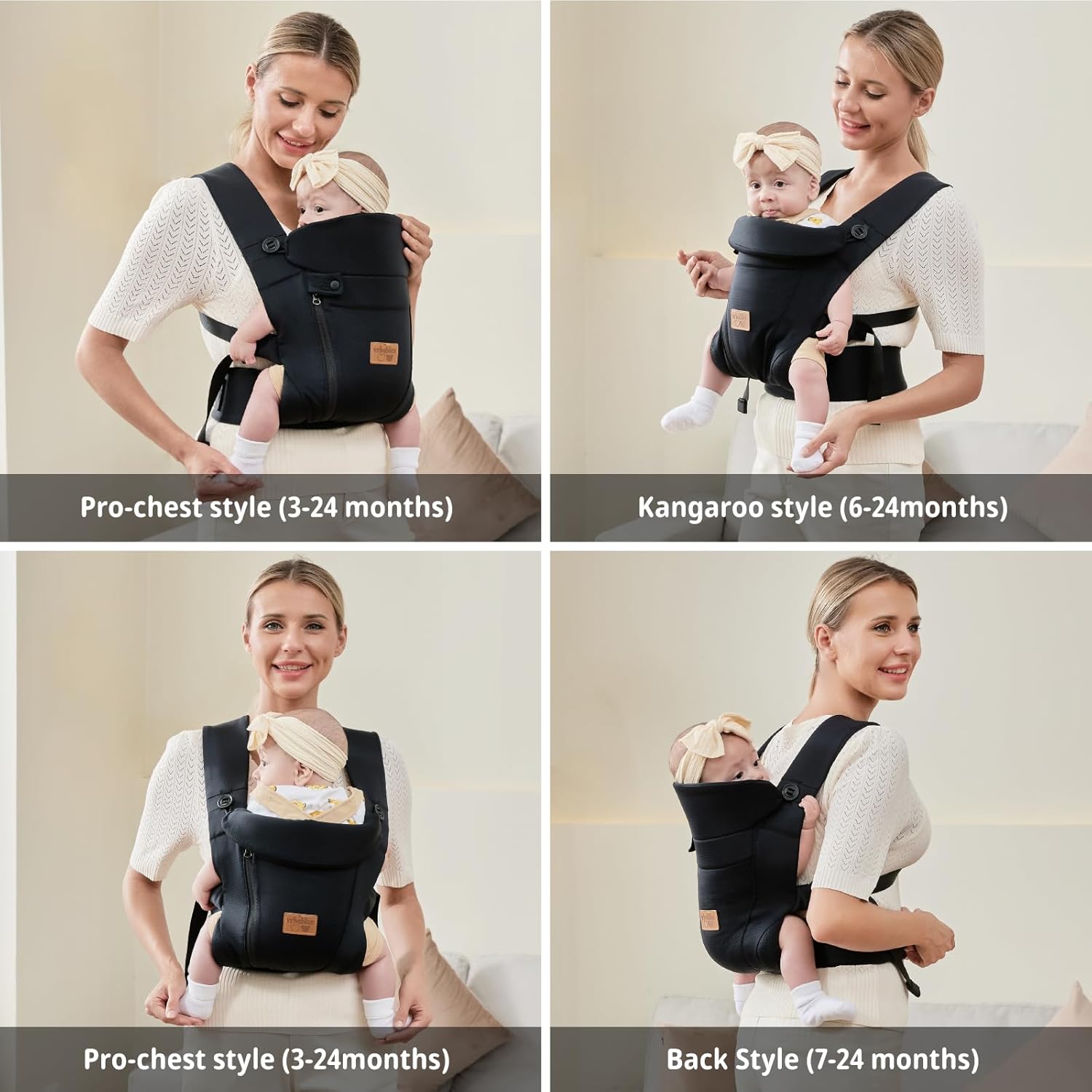 vrbabies Portabebés ergonómico para recién nacidos, con manos libres, transpirable, perfecto para bebés y bebés, regalo de ducha (negro)