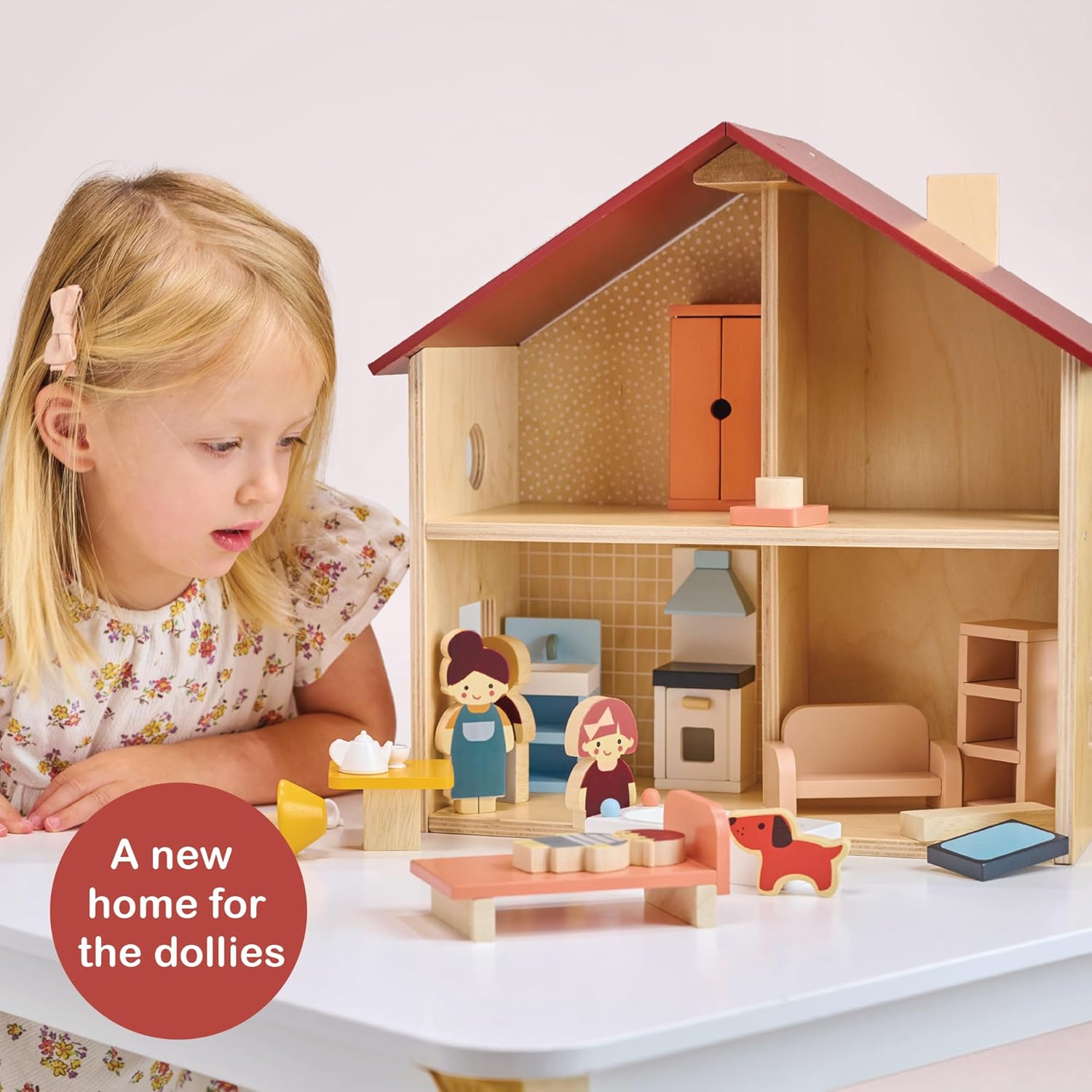 Casa de muñecas de madera totalmente amueblada, casa de muñecas compacta para niños pequeños con diseño abierto, gran regalo para niños pequeños que