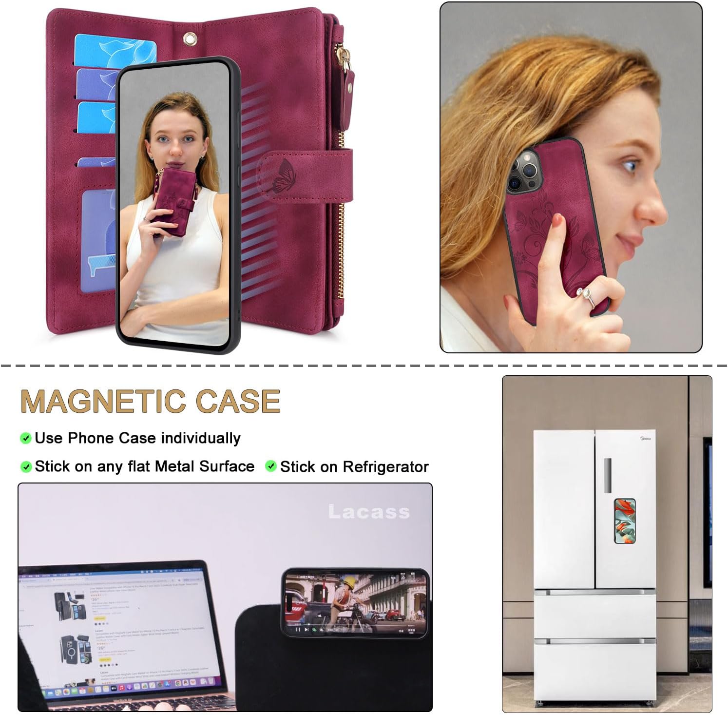 Lacass Funda compatible con iPhone 12 Pro Max 12 ranuras para tarjetas Soporte para tarjetas de identificación y crédito para efectivo, bolsillo con