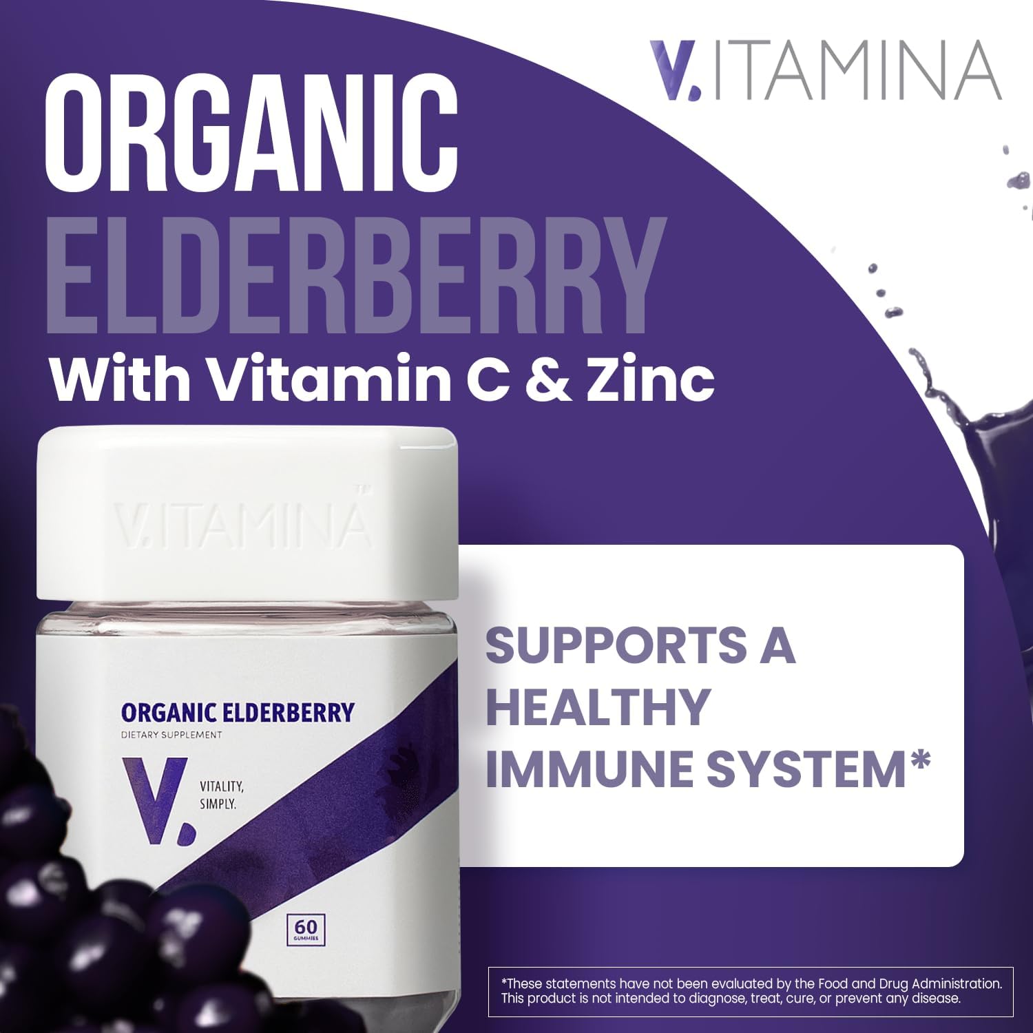 V ITAMINA Gomitas orgánicas de saúco con vitamina C y zinc, gomitas de saúco Sambucus para adultos y niños, suplemento de apoyo inmunológico,