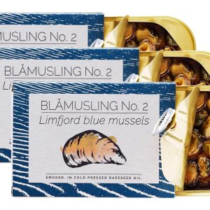 Fangst Blamuslinger N 2  Mejillones azules estañados ahumados en aceite de colza prensado en frío, 3 latas de 3.53oz Fangst Blamuslinger N 2  Mejillones azules estañados ahumados en aceite de colza prensado en frío, 3 latas de 3.53oz