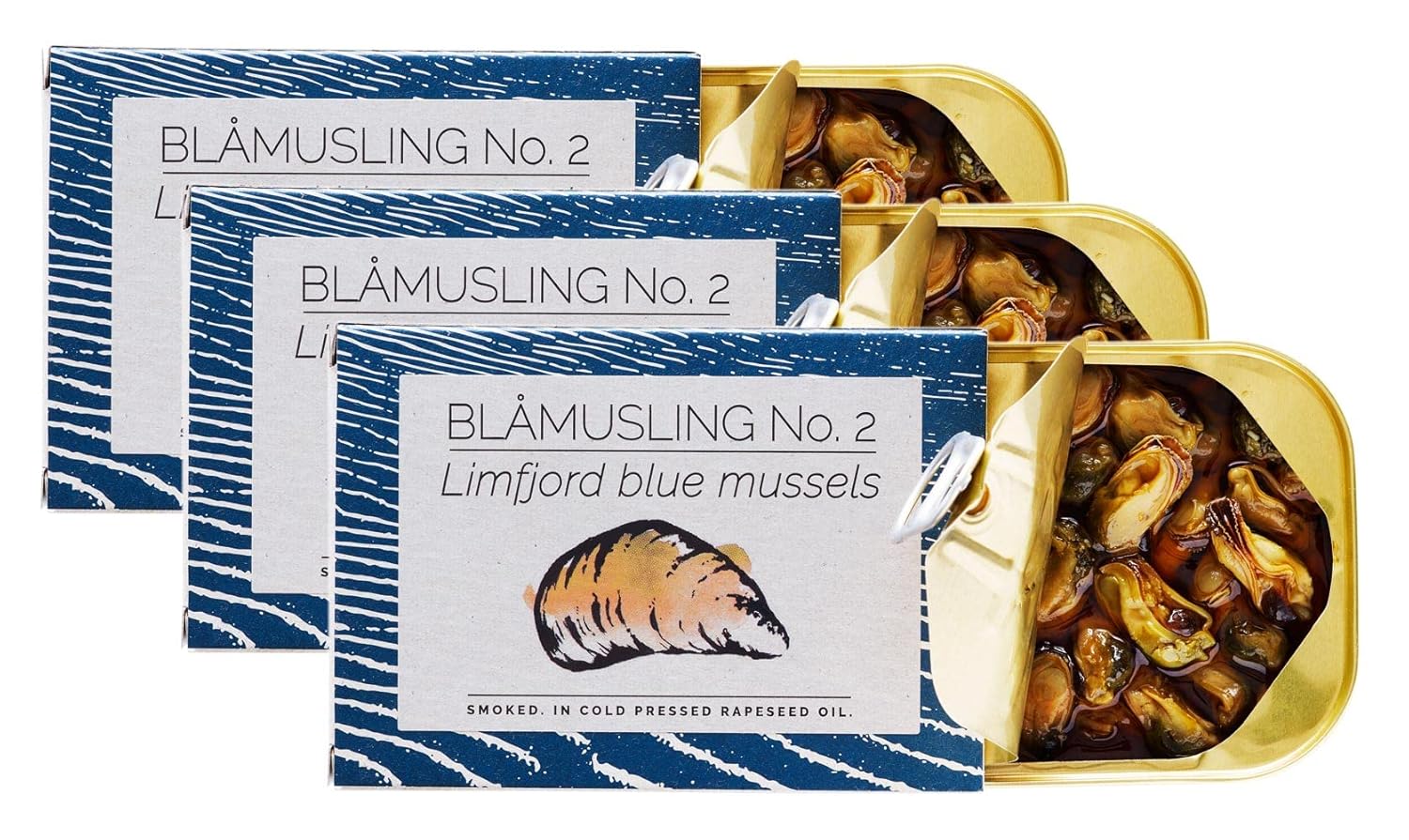 Fangst Blamuslinger N 2  Mejillones azules estañados ahumados en aceite de colza prensado en frío, 3 latas de 3.53oz